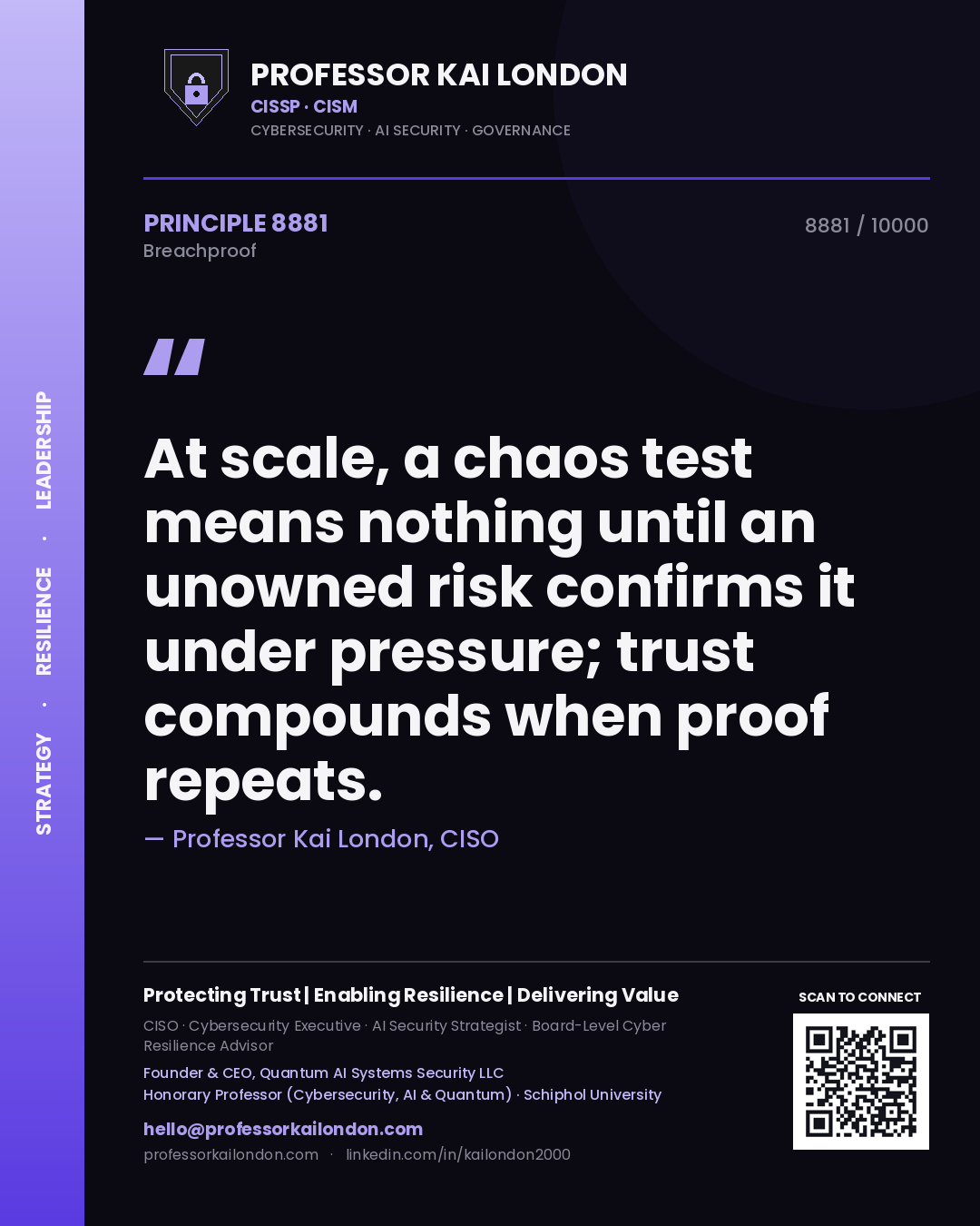 Professor Kai London principle 8881: At scale, a chaos test means nothing until an unowned risk confirms it under pressure; trust compounds when proof repeats.