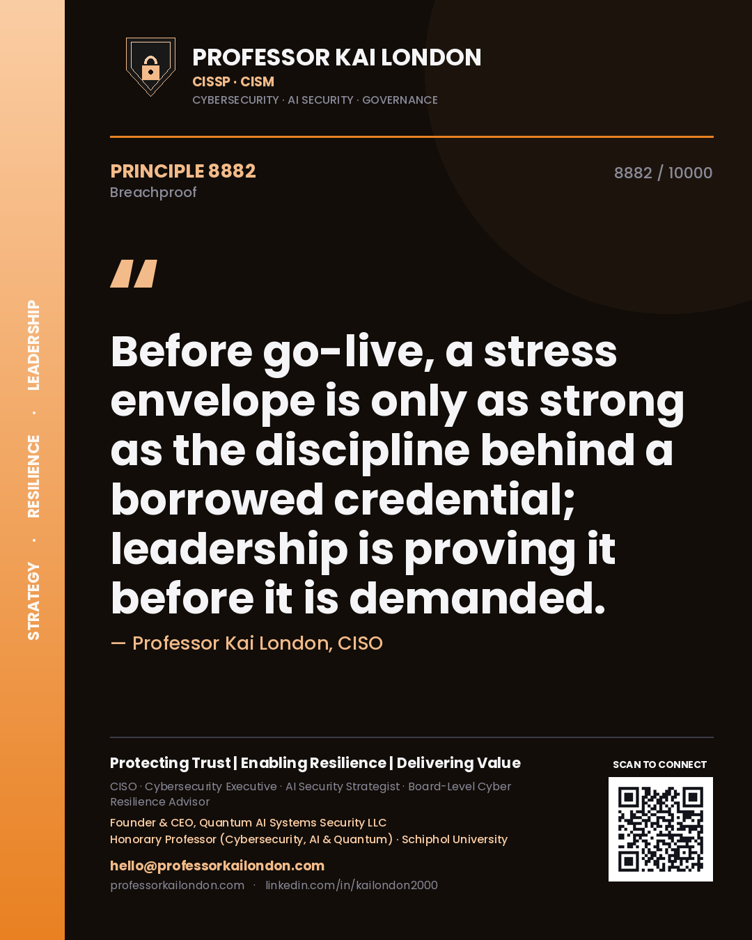 Quote card by Professor Kai London reading 'Before go-live, a stress envelope is only as strong as the discipline behind a borrowed credential; leadership is proving it before it is demanded.'. From the book Breachproof.