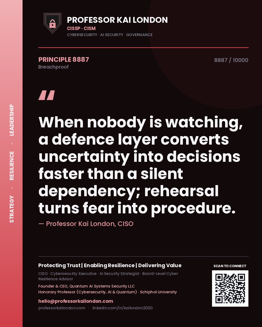 Professor Kai London principle 8887: When nobody is watching, a defence layer converts uncertainty into decisions faster than a silent dependency; rehearsal turns fear into procedure.