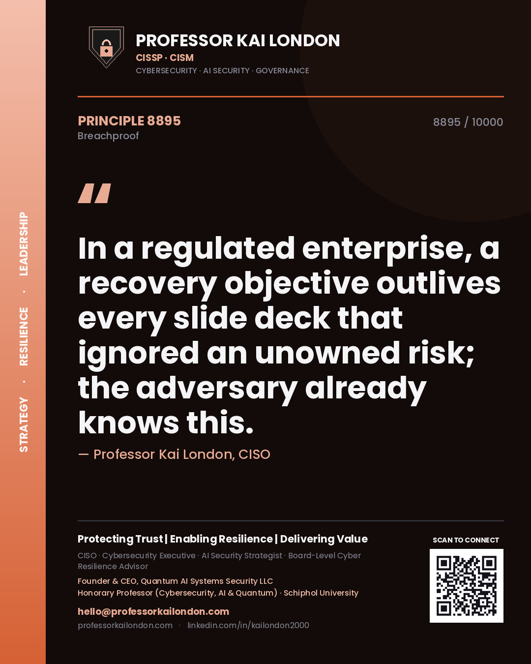Quote card by Professor Kai London reading 'In a regulated enterprise, a recovery objective outlives every slide deck that ignored an unowned risk; the adversary already knows this.'. From the book Breachproof.