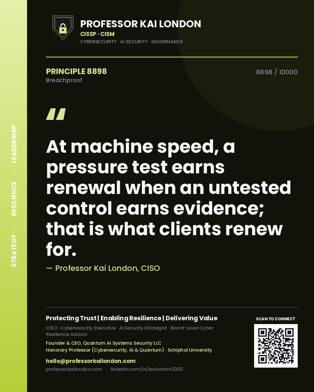 Quote card by Professor Kai London reading 'At machine speed, a pressure test earns renewal when an untested control earns evidence; that is what clients renew for.'. From the book Breachproof.