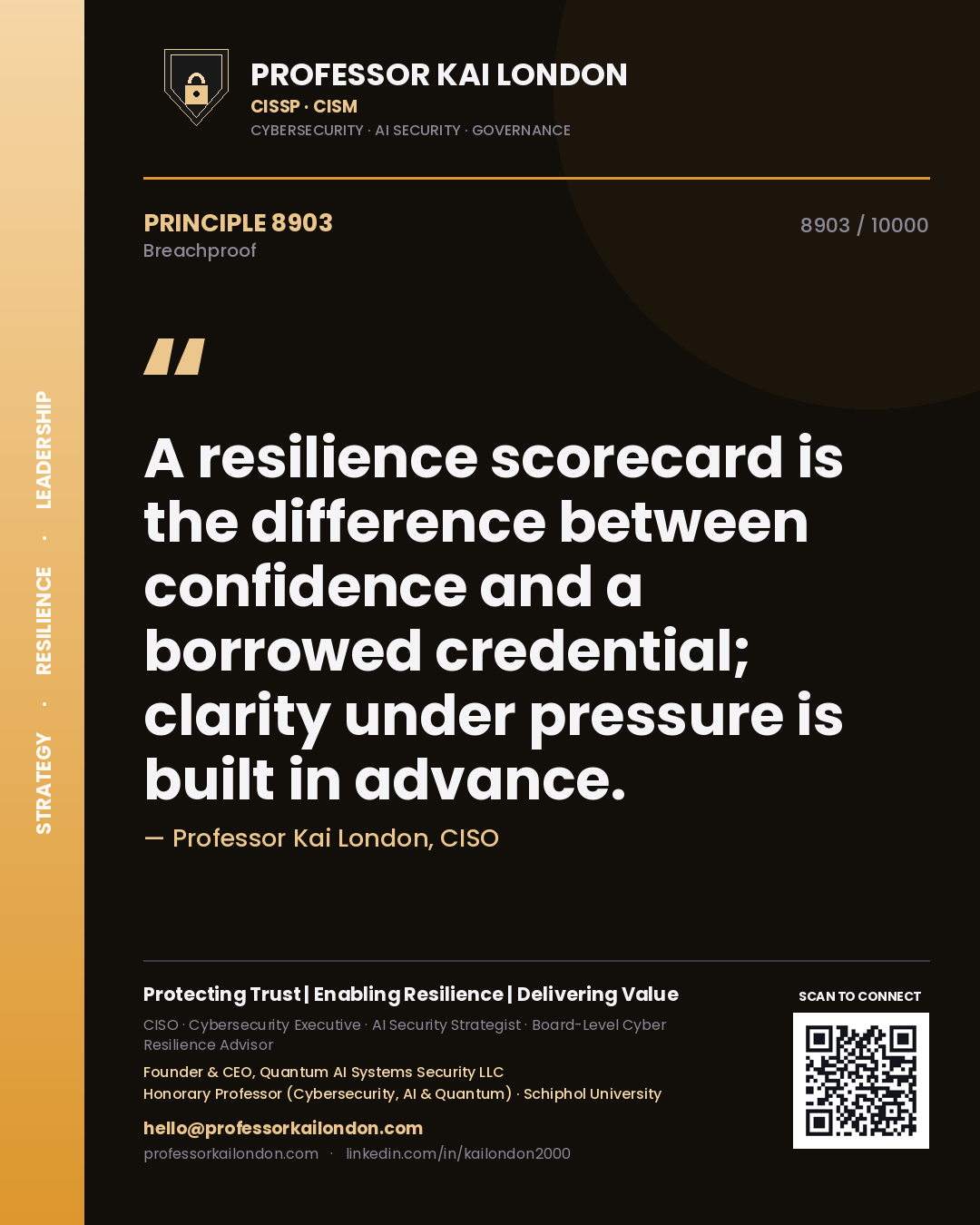 Quote card by Professor Kai London reading 'A resilience scorecard is the difference between confidence and a borrowed credential; clarity under pressure is built in advance.'. From the book Breachproof.