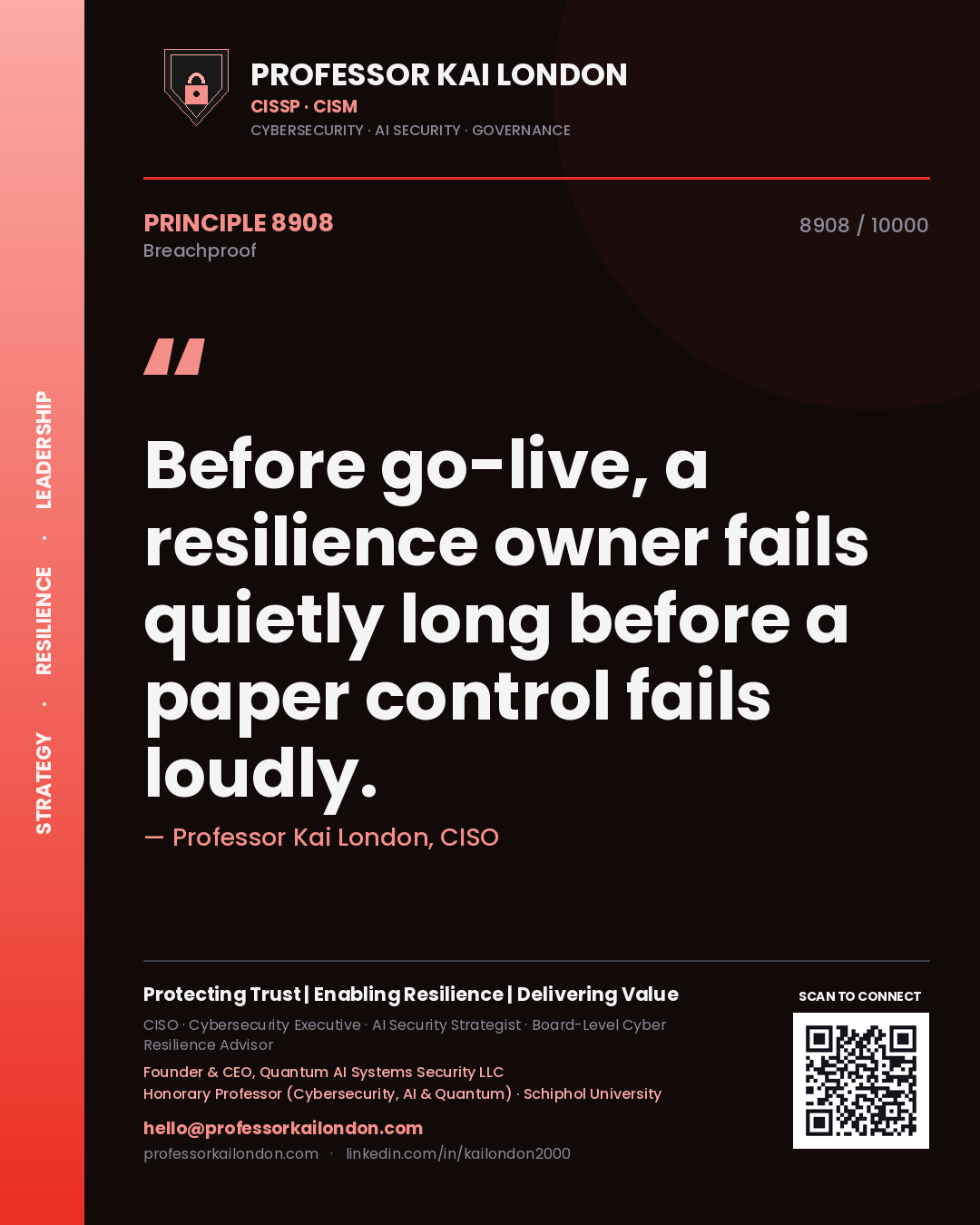 Quote card by Professor Kai London reading 'Before go-live, a resilience owner fails quietly long before a paper control fails loudly.'. From the book Breachproof.