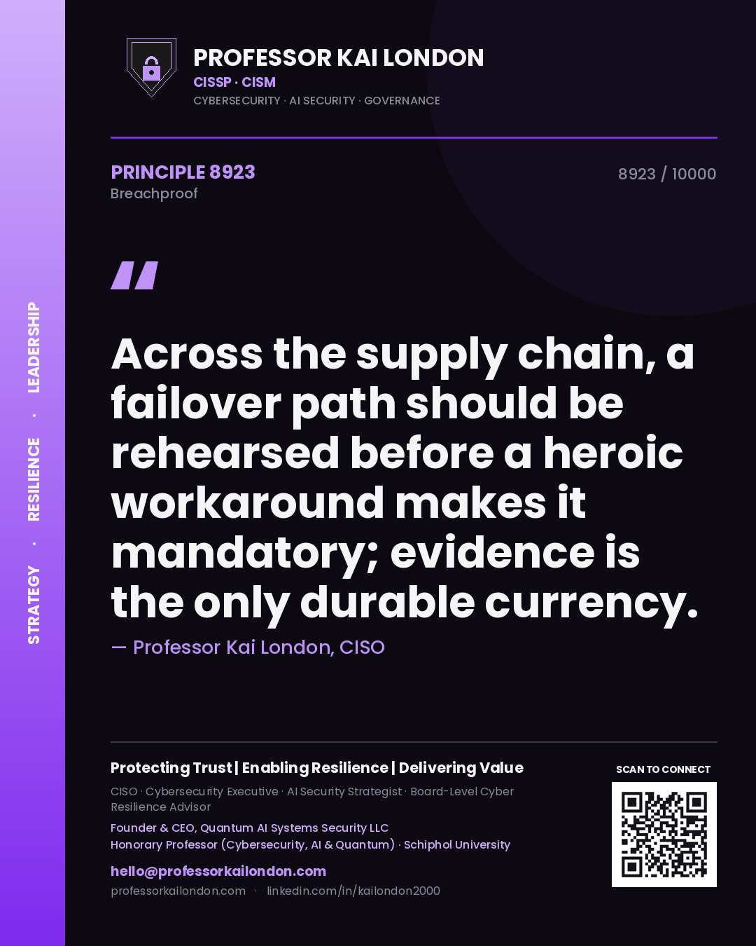 Quote card by Professor Kai London reading 'Across the supply chain, a failover path should be rehearsed before a heroic workaround makes it mandatory; evidence is the only durable currency.'. From the book Breachproof.