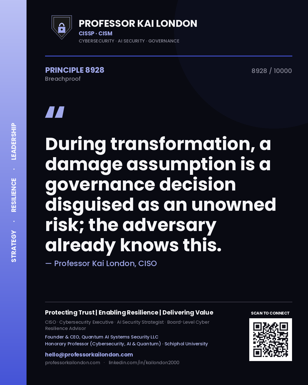 Quote card by Professor Kai London reading 'During transformation, a damage assumption is a governance decision disguised as an unowned risk; the adversary already knows this.'. From the book Breachproof.