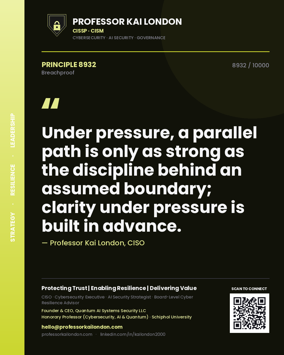 Quote card by Professor Kai London reading 'Under pressure, a parallel path is only as strong as the discipline behind an assumed boundary; clarity under pressure is built in advance.'. From the book Breachproof.