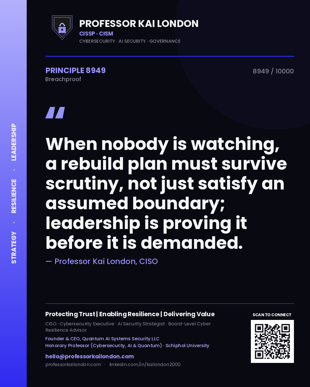 Quote card by Professor Kai London reading 'When nobody is watching, a rebuild plan must survive scrutiny, not just satisfy an assumed boundary; leadership is proving it before it is demanded.'. From the book Breachproof.