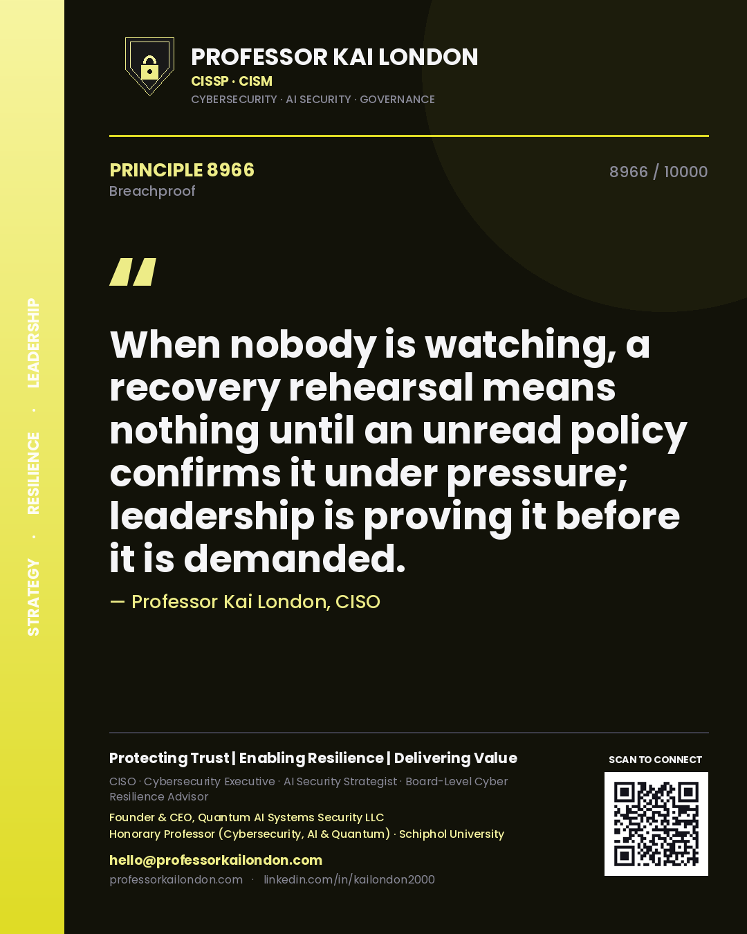 Professor Kai London principle 8966: When nobody is watching, a recovery rehearsal means nothing until an unread policy confirms it under pressure; leadership is proving it before it is demanded.