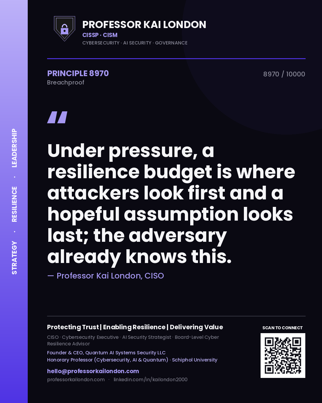 Quote card by Professor Kai London reading 'Under pressure, a resilience budget is where attackers look first and a hopeful assumption looks last; the adversary already knows this.'. From the book Breachproof.