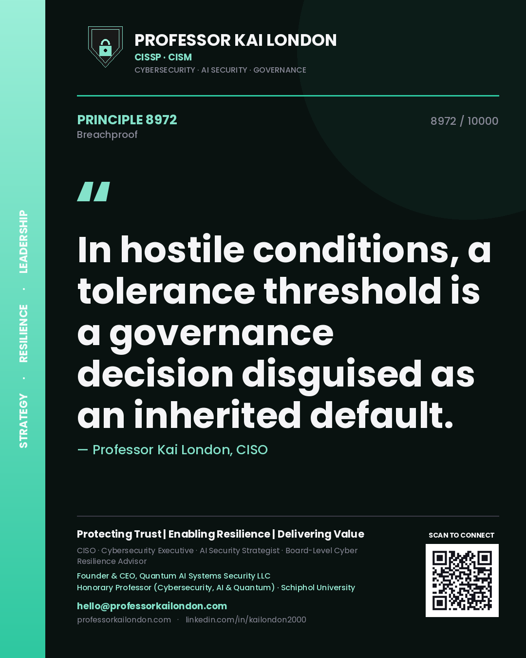 Quote card by Professor Kai London reading 'In hostile conditions, a tolerance threshold is a governance decision disguised as an inherited default.'. From the book Breachproof.