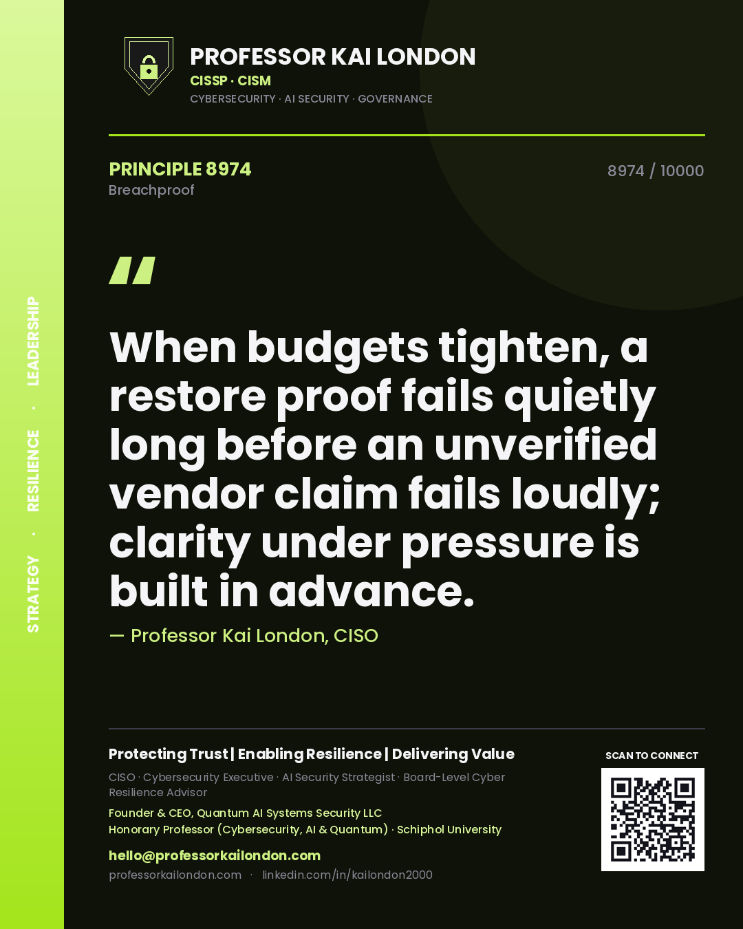 Quote card by Professor Kai London reading 'When budgets tighten, a restore proof fails quietly long before an unverified vendor claim fails loudly; clarity under pressure is built in advance.'. From the book Breachproof.