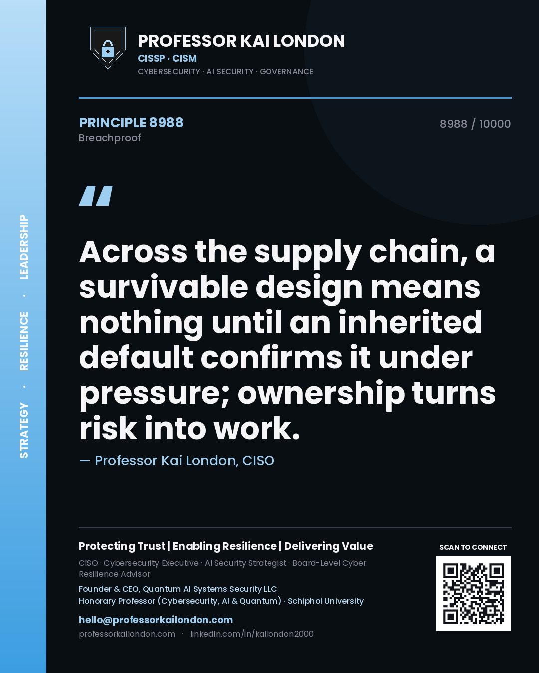 Quote card by Professor Kai London reading 'Across the supply chain, a survivable design means nothing until an inherited default confirms it under pressure; ownership turns risk into work.'. From the book Breachproof.