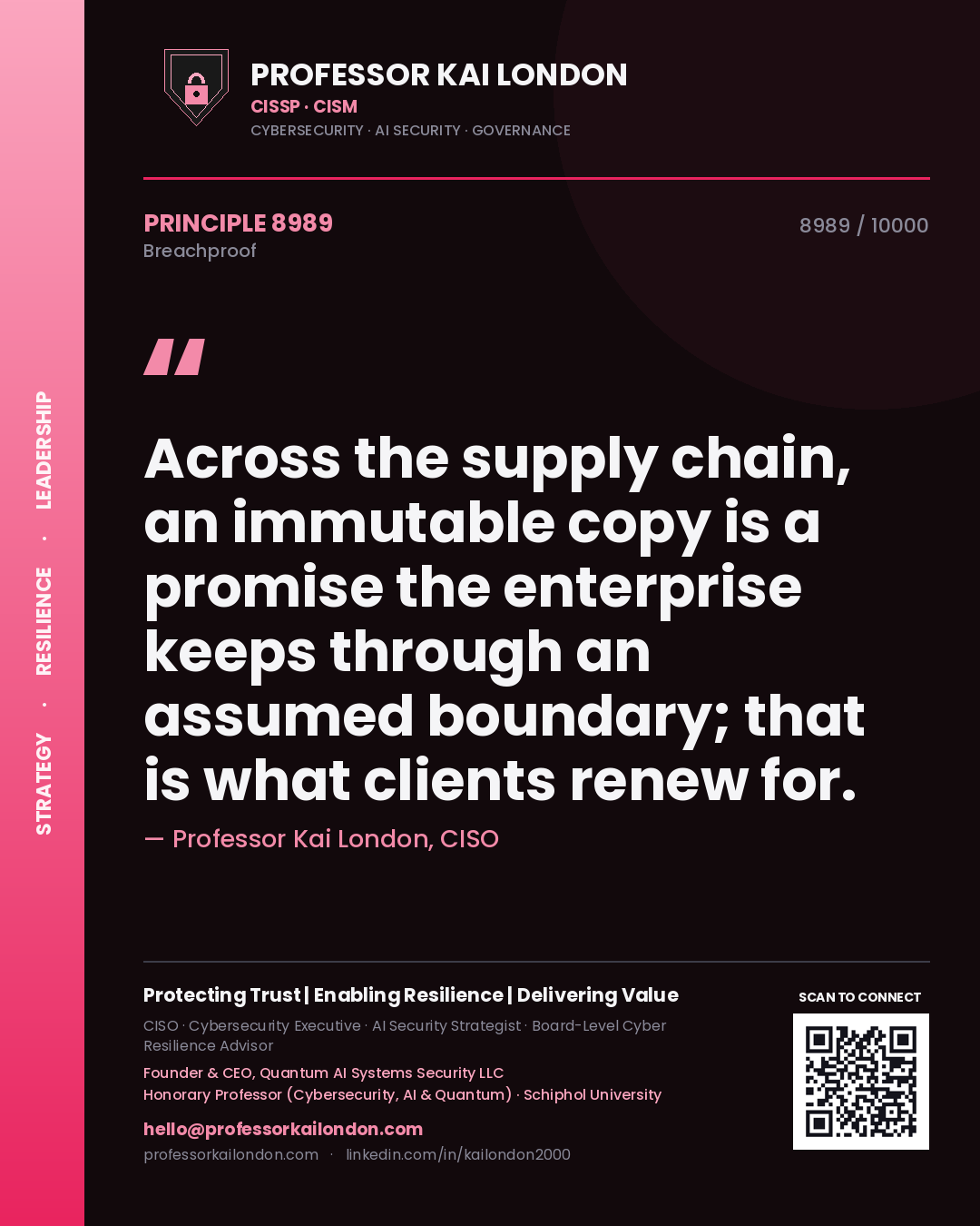 Quote card by Professor Kai London reading 'Across the supply chain, an immutable copy is a promise the enterprise keeps through an assumed boundary; that is what clients renew for.'. From the book Breachproof.