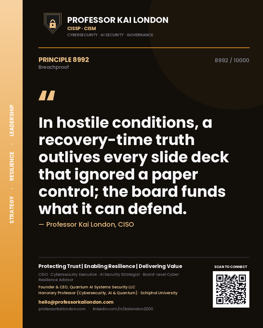 Quote card by Professor Kai London reading 'In hostile conditions, a recovery-time truth outlives every slide deck that ignored a paper control; the board funds what it can defend.'. From the book Breachproof.