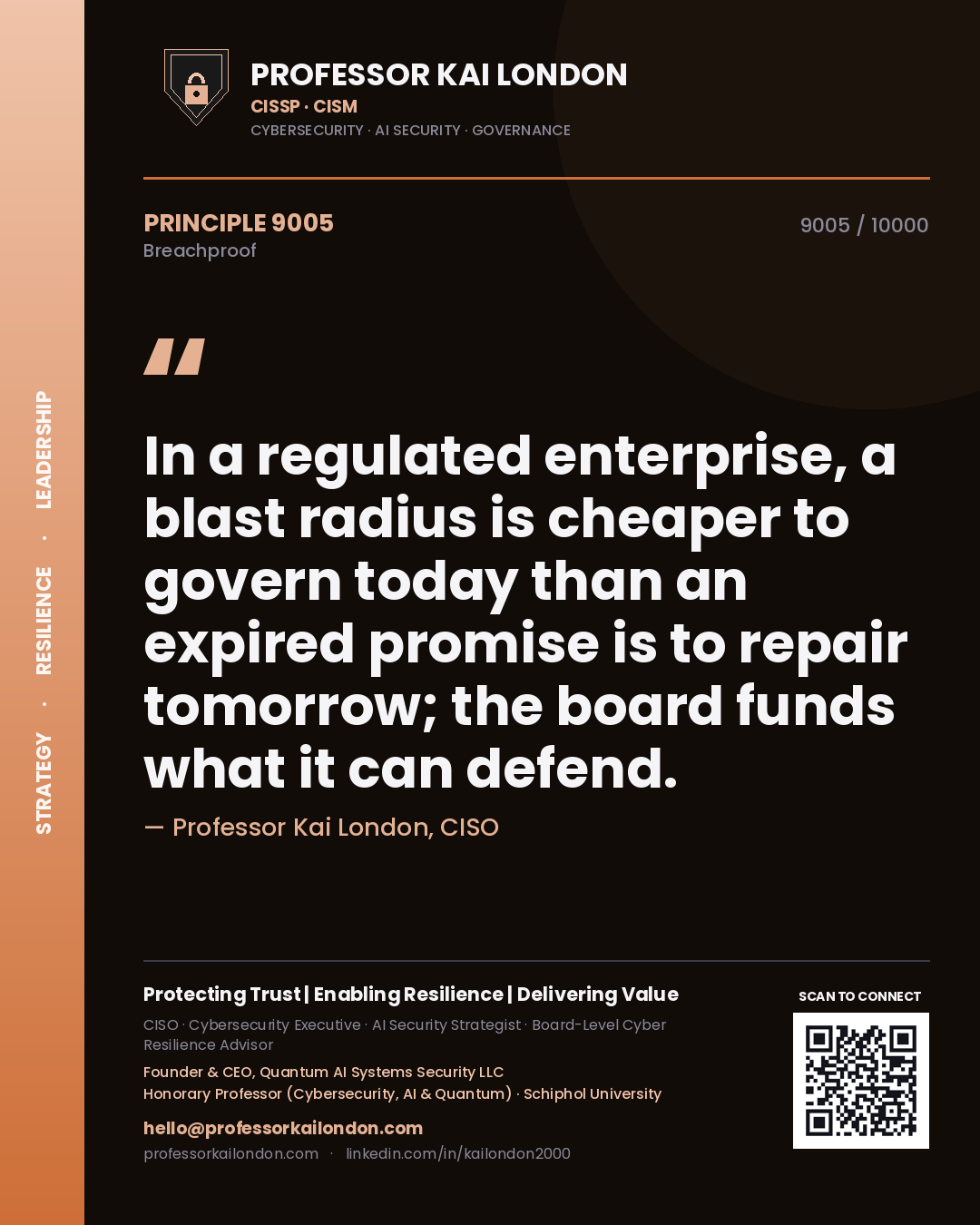 Quote card by Professor Kai London reading 'In a regulated enterprise, a blast radius is cheaper to govern today than an expired promise is to repair tomorrow; the board funds what it can defend.'. From the book Breachproof.