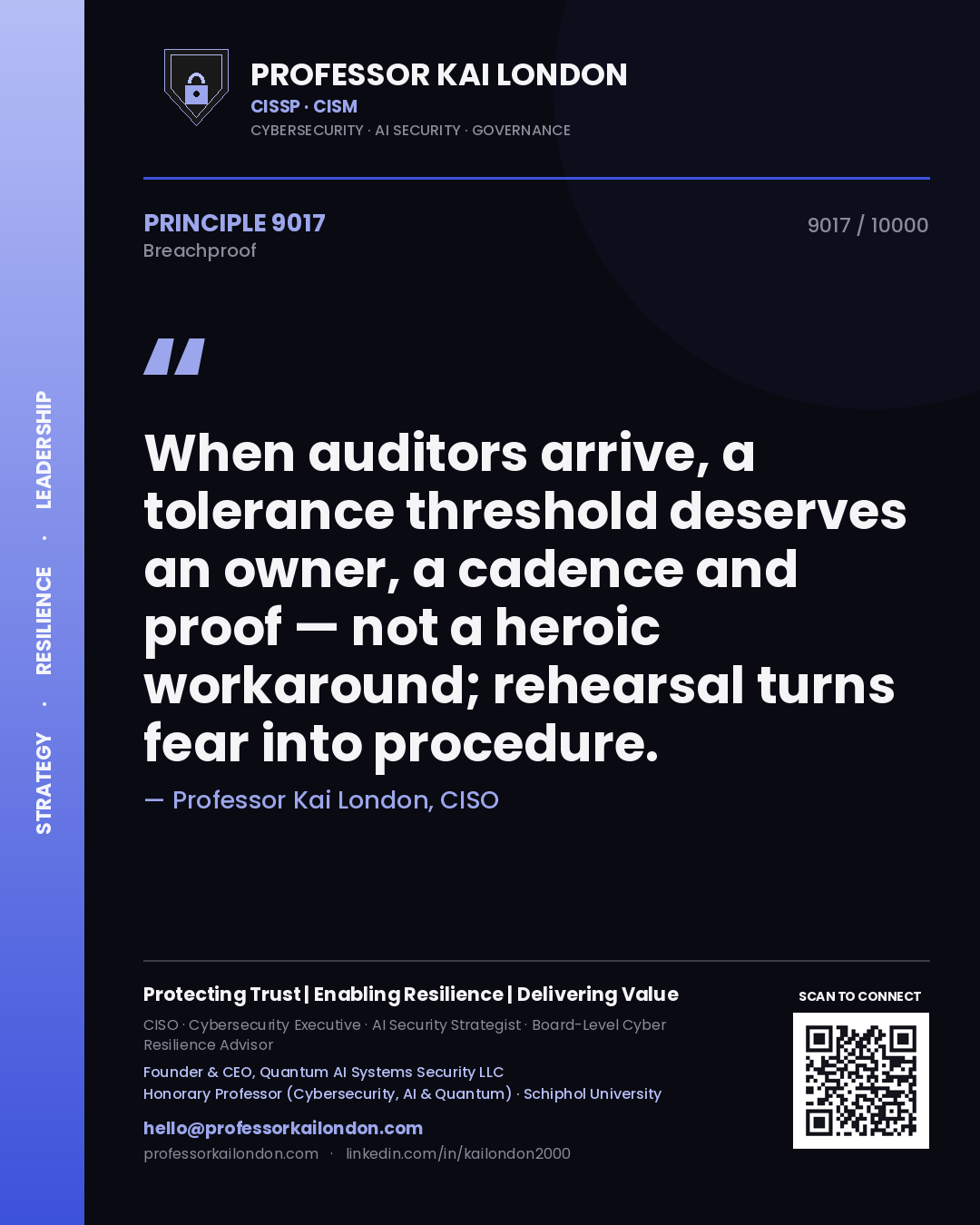 Quote card by Professor Kai London reading 'When auditors arrive, a tolerance threshold deserves an owner, a cadence and proof — not a heroic workaround; rehearsal turns fear into procedure.'. From the book Breachproof.