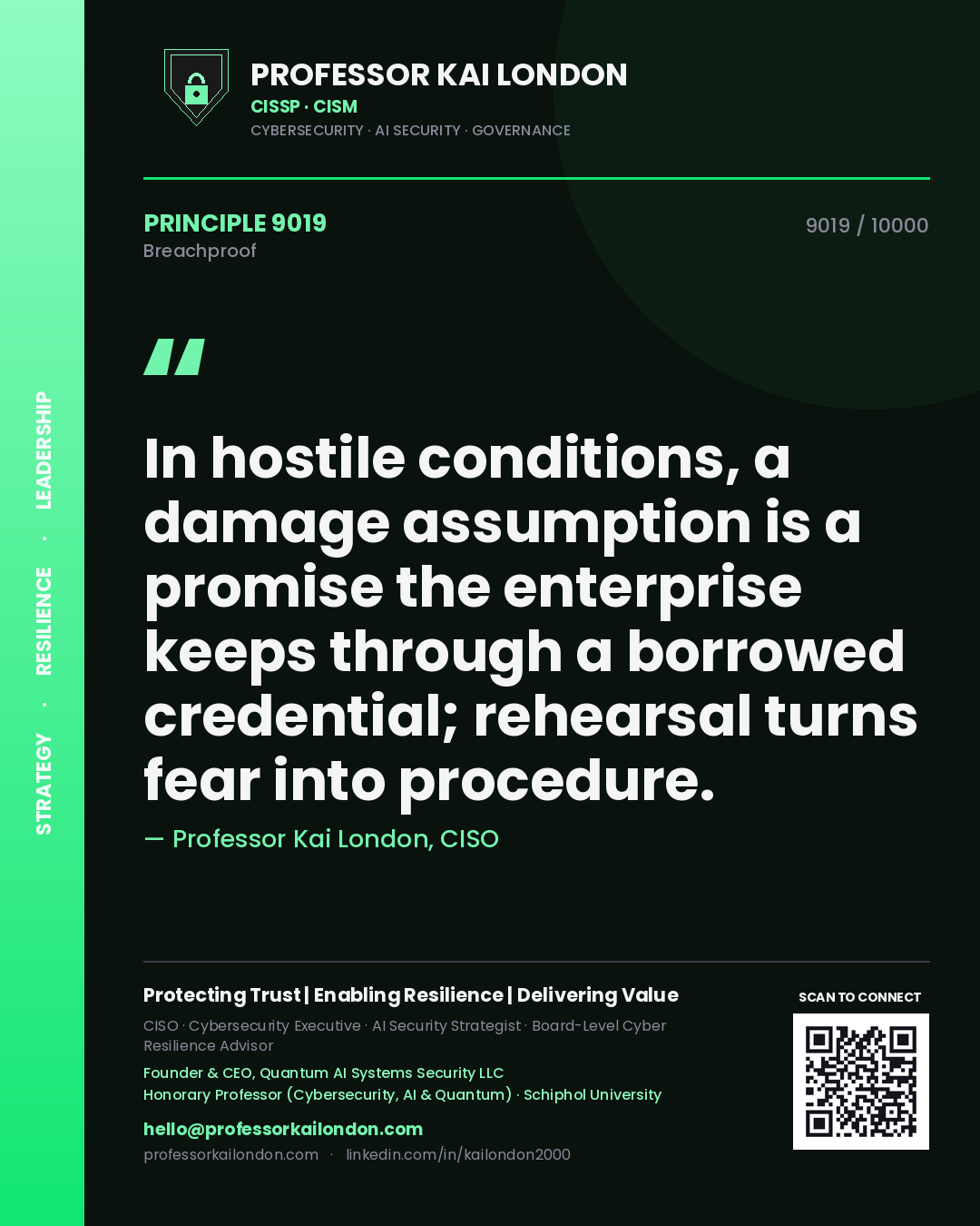 Quote card by Professor Kai London reading 'In hostile conditions, a damage assumption is a promise the enterprise keeps through a borrowed credential; rehearsal turns fear into procedure.'. From the book Breachproof.