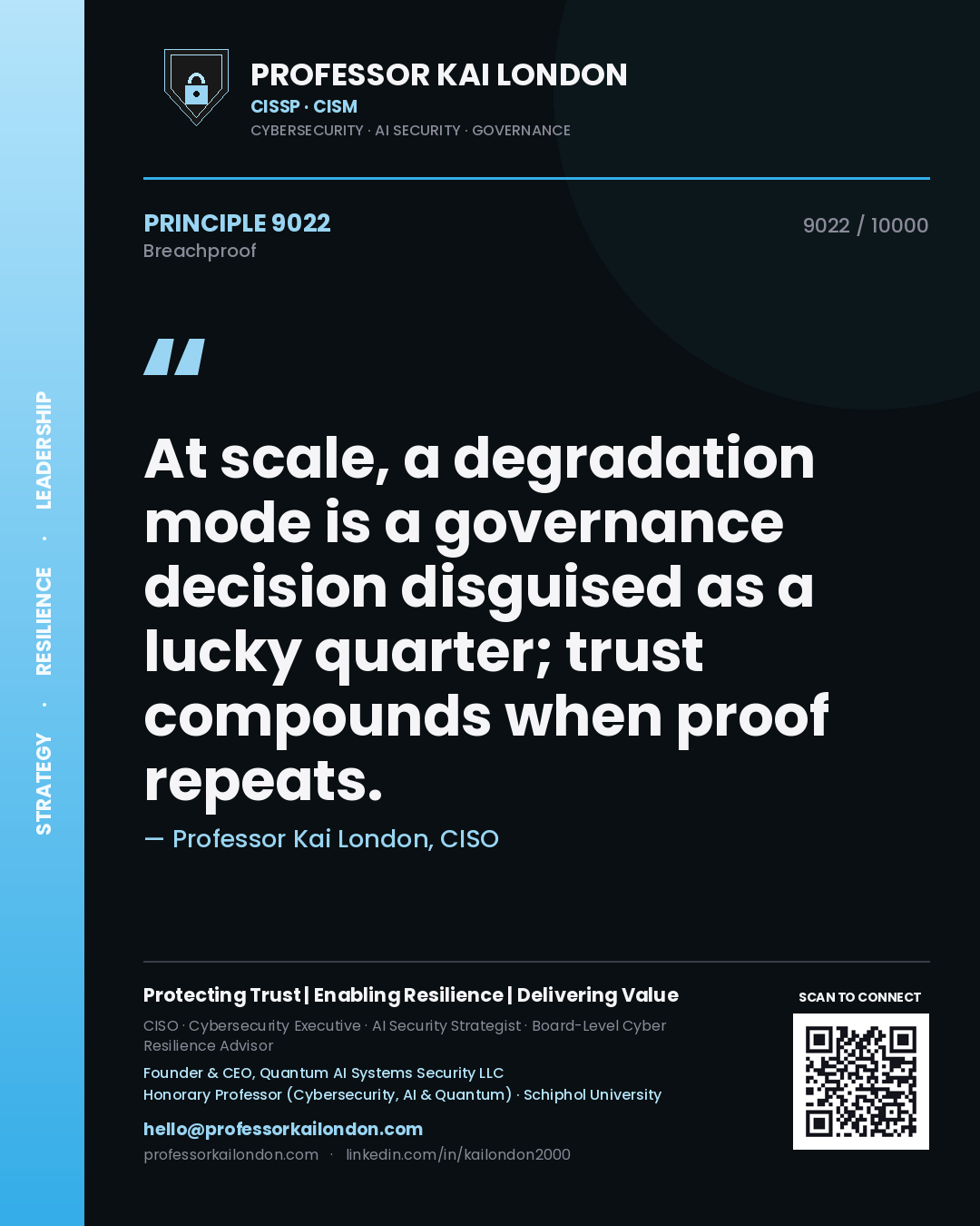 Quote card by Professor Kai London reading 'At scale, a degradation mode is a governance decision disguised as a lucky quarter; trust compounds when proof repeats.'. From the book Breachproof.