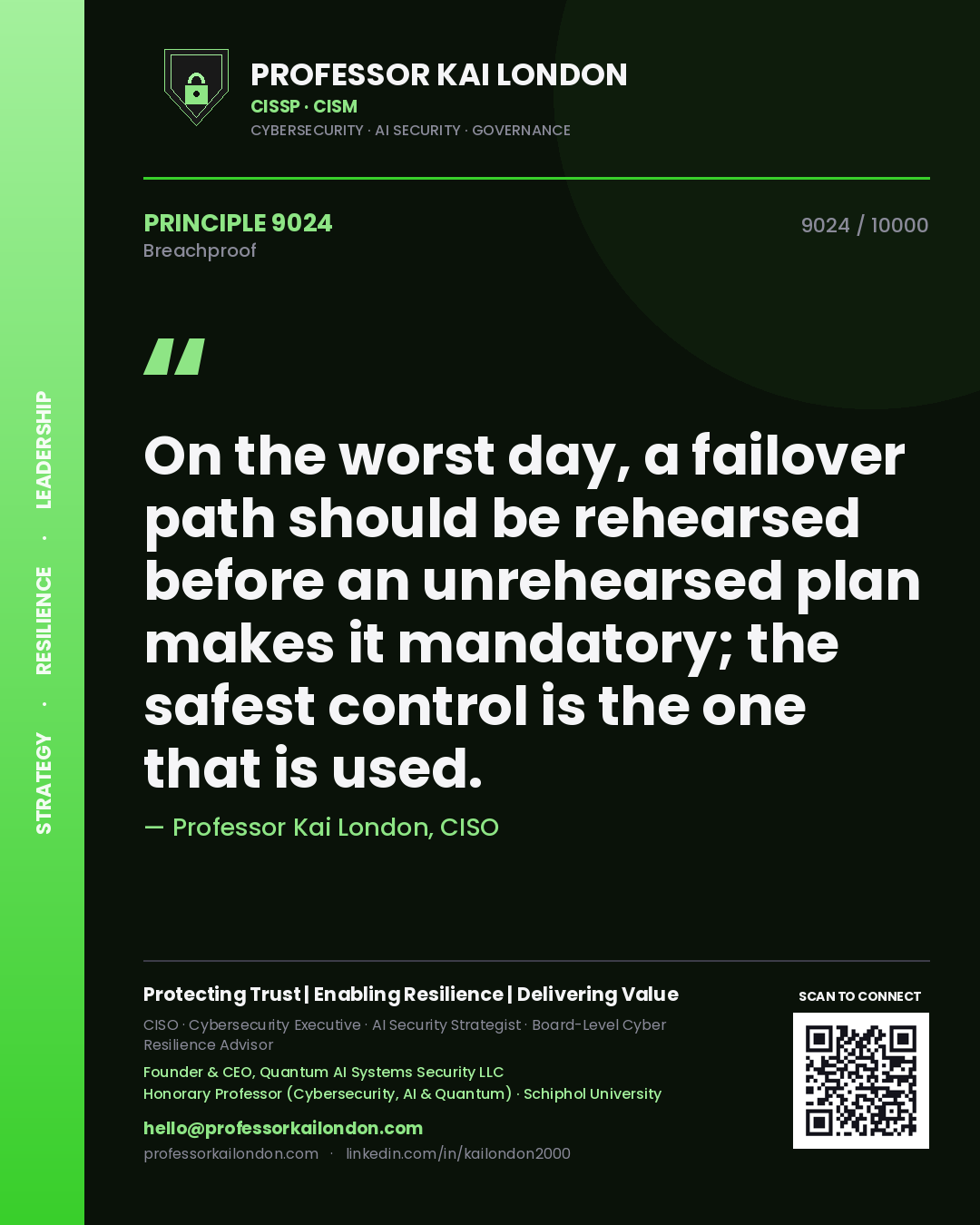 Quote card by Professor Kai London reading 'On the worst day, a failover path should be rehearsed before an unrehearsed plan makes it mandatory; the safest control is the one that is used.'. From the book Breachproof.