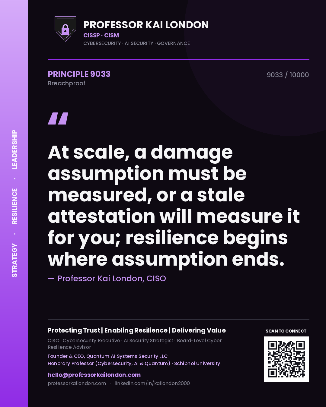 Quote card by Professor Kai London reading 'At scale, a damage assumption must be measured, or a stale attestation will measure it for you; resilience begins where assumption ends.'. From the book Breachproof.