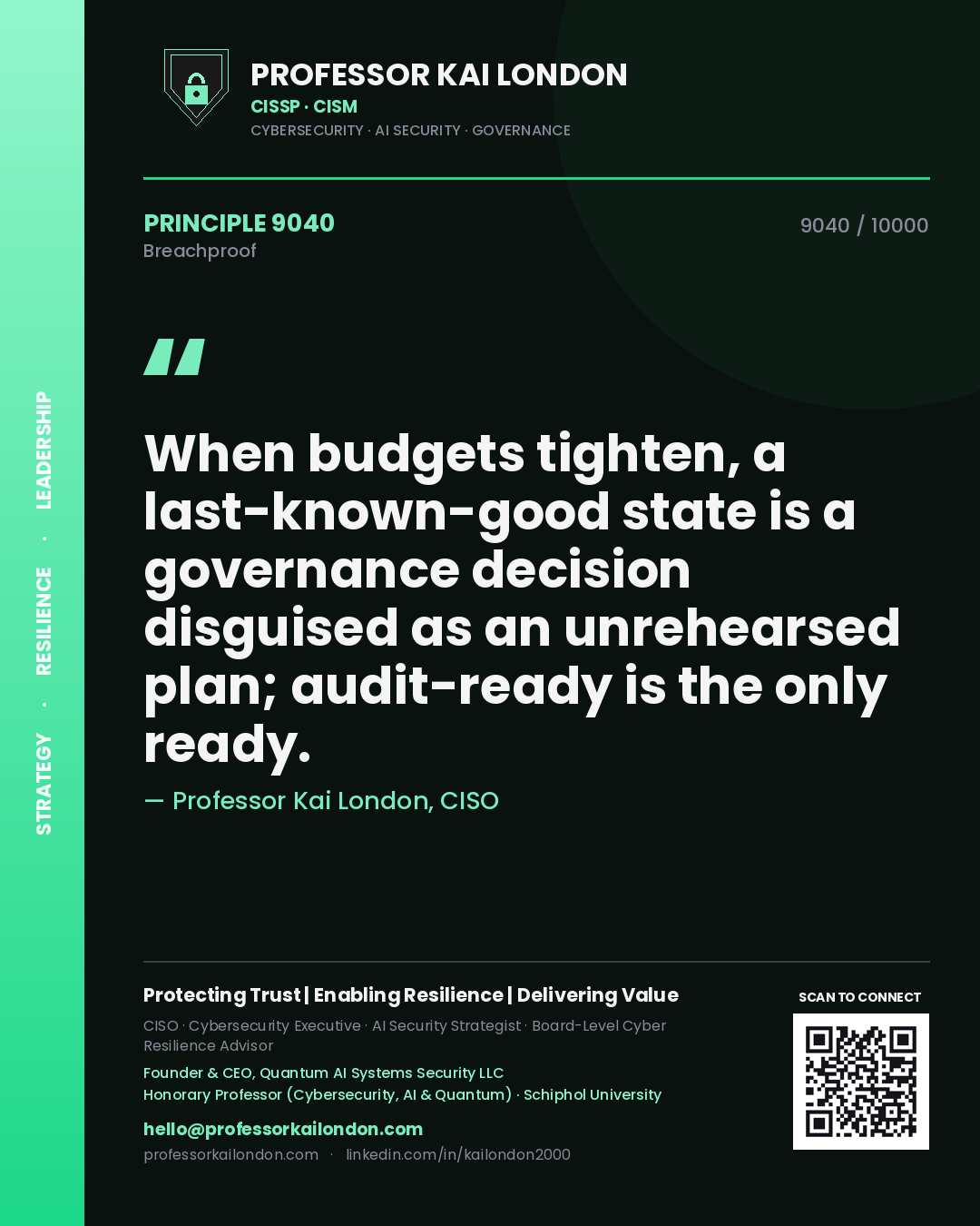 Quote card by Professor Kai London reading 'When budgets tighten, a last-known-good state is a governance decision disguised as an unrehearsed plan; audit-ready is the only ready.'. From the book Breachproof.