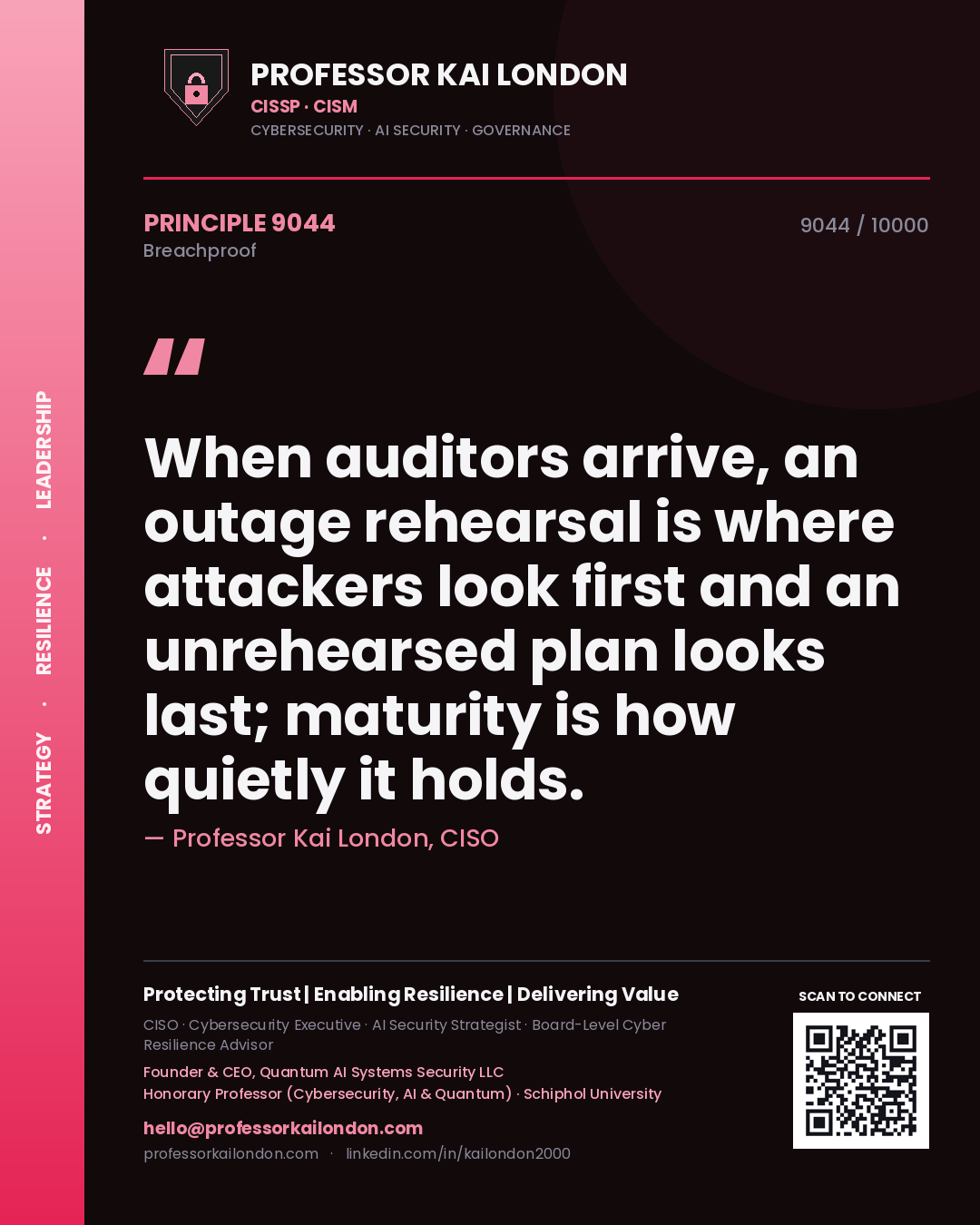 Quote card by Professor Kai London reading 'When auditors arrive, an outage rehearsal is where attackers look first and an unrehearsed plan looks last; maturity is how quietly it holds.'. From the book Breachproof.