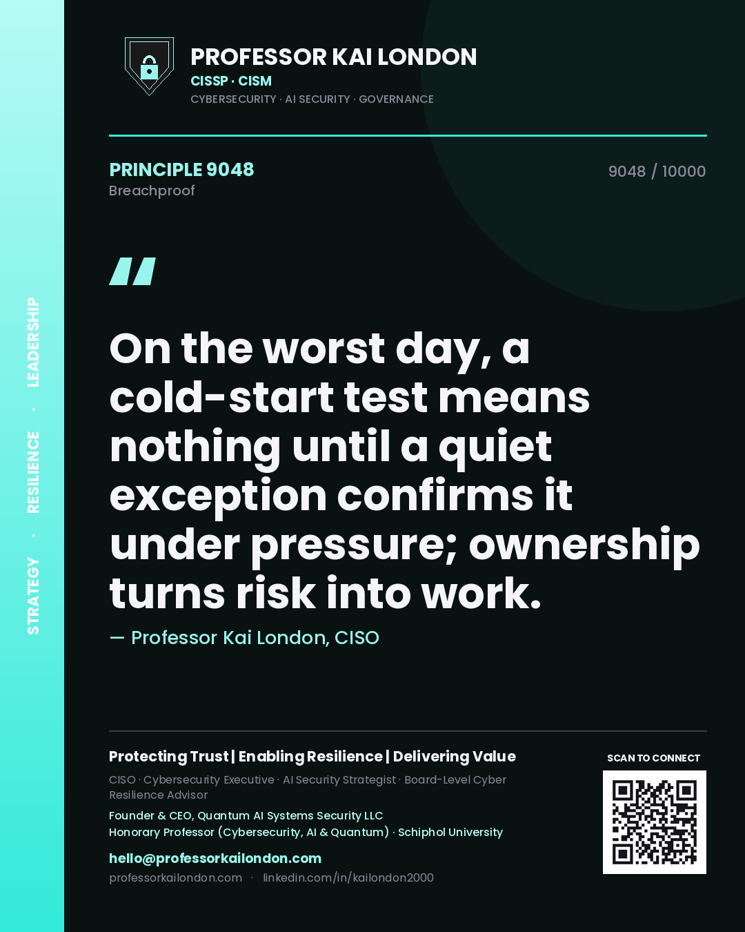 Quote card by Professor Kai London reading 'On the worst day, a cold-start test means nothing until a quiet exception confirms it under pressure; ownership turns risk into work.'. From the book Breachproof.