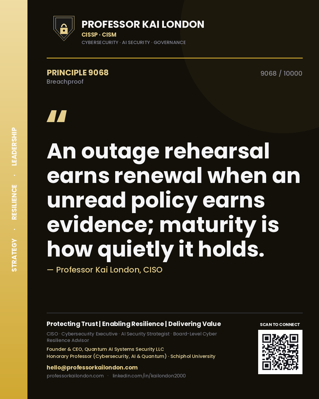 Quote card by Professor Kai London reading 'An outage rehearsal earns renewal when an unread policy earns evidence; maturity is how quietly it holds.'. From the book Breachproof.