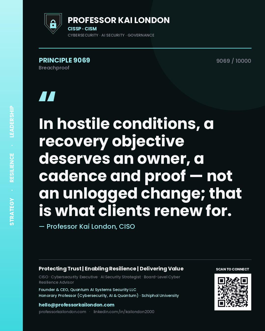 Quote card by Professor Kai London reading 'In hostile conditions, a recovery objective deserves an owner, a cadence and proof — not an unlogged change; that is what clients renew for.'. From the book Breachproof.
