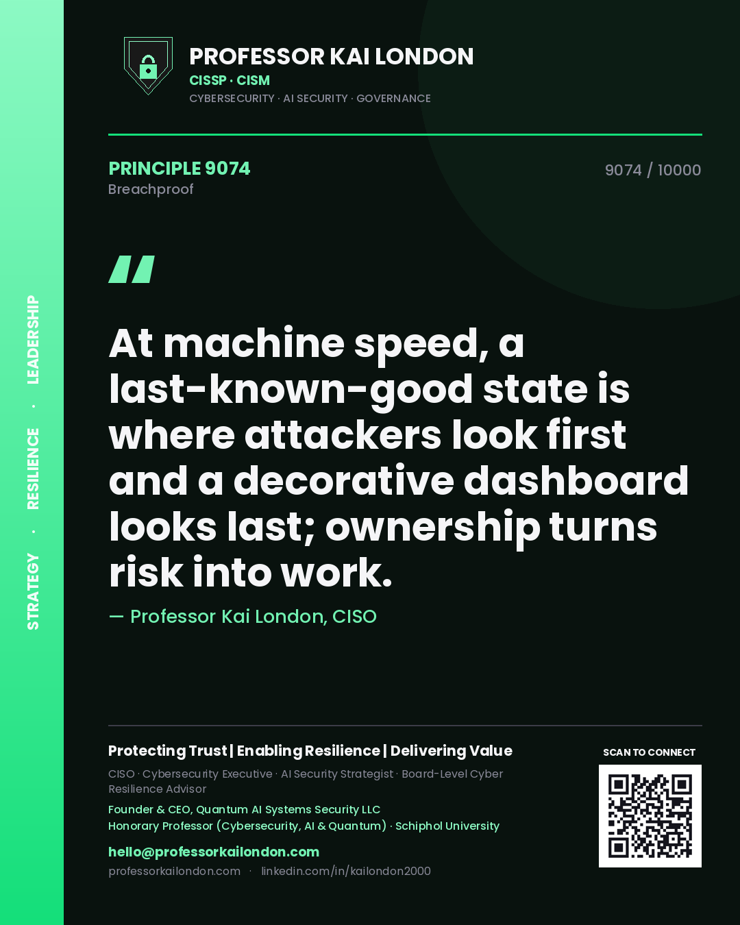 Quote card by Professor Kai London reading 'At machine speed, a last-known-good state is where attackers look first and a decorative dashboard looks last; ownership turns risk into work.'. From the book Breachproof.
