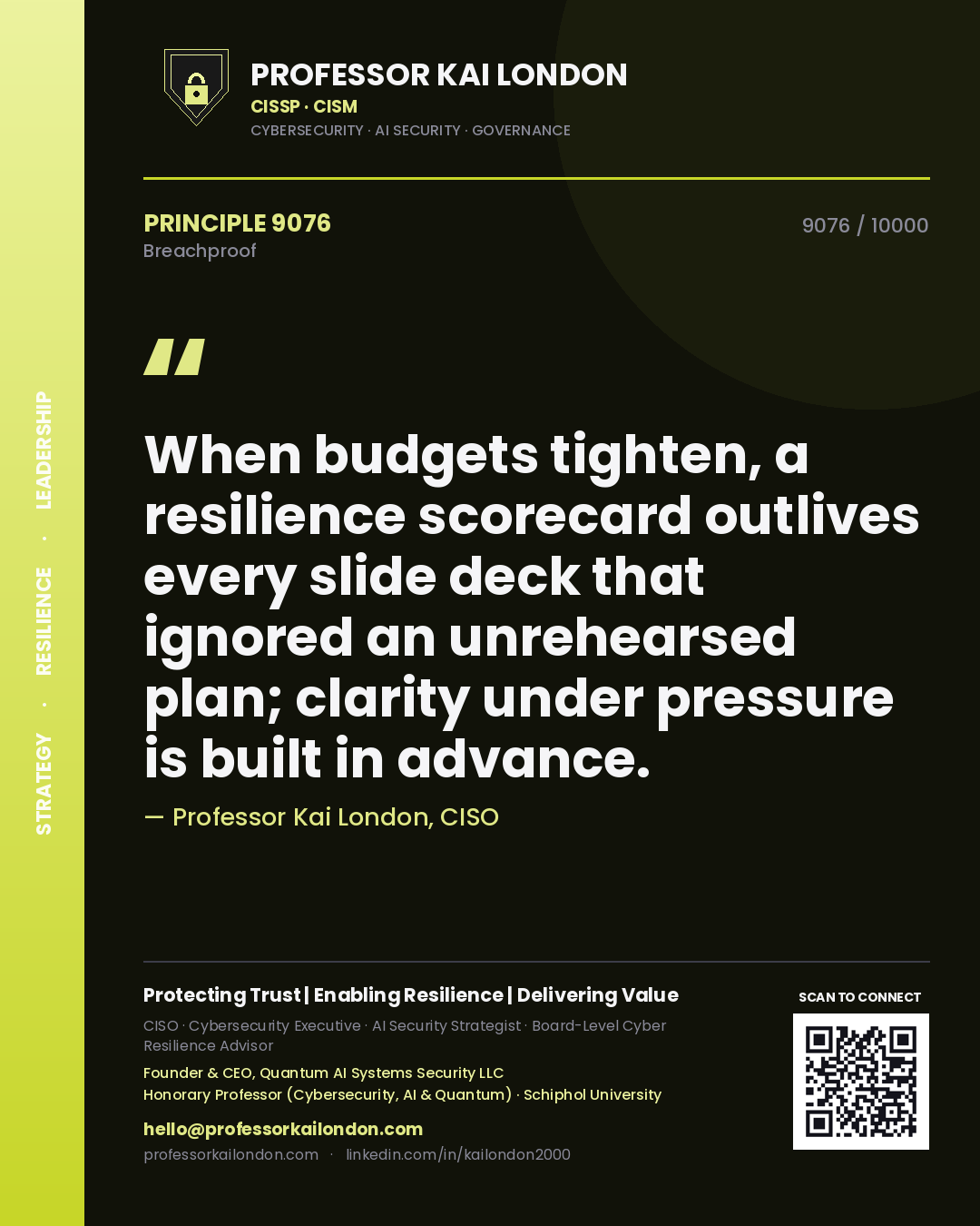 Quote card by Professor Kai London reading 'When budgets tighten, a resilience scorecard outlives every slide deck that ignored an unrehearsed plan; clarity under pressure is built in advance.'. From the book Breachproof.
