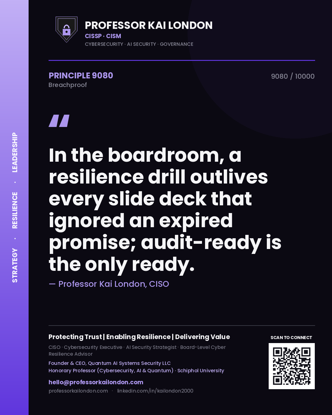 Quote card by Professor Kai London reading 'In the boardroom, a resilience drill outlives every slide deck that ignored an expired promise; audit-ready is the only ready.'. From the book Breachproof.