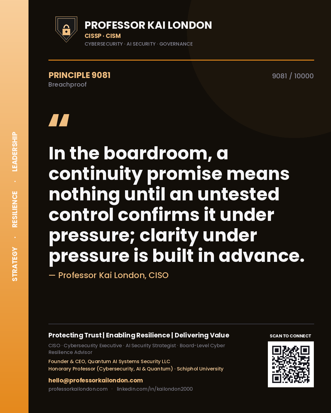 Professor Kai London principle 9081: In the boardroom, a continuity promise means nothing until an untested control confirms it under pressure; clarity under pressure is built in advance.