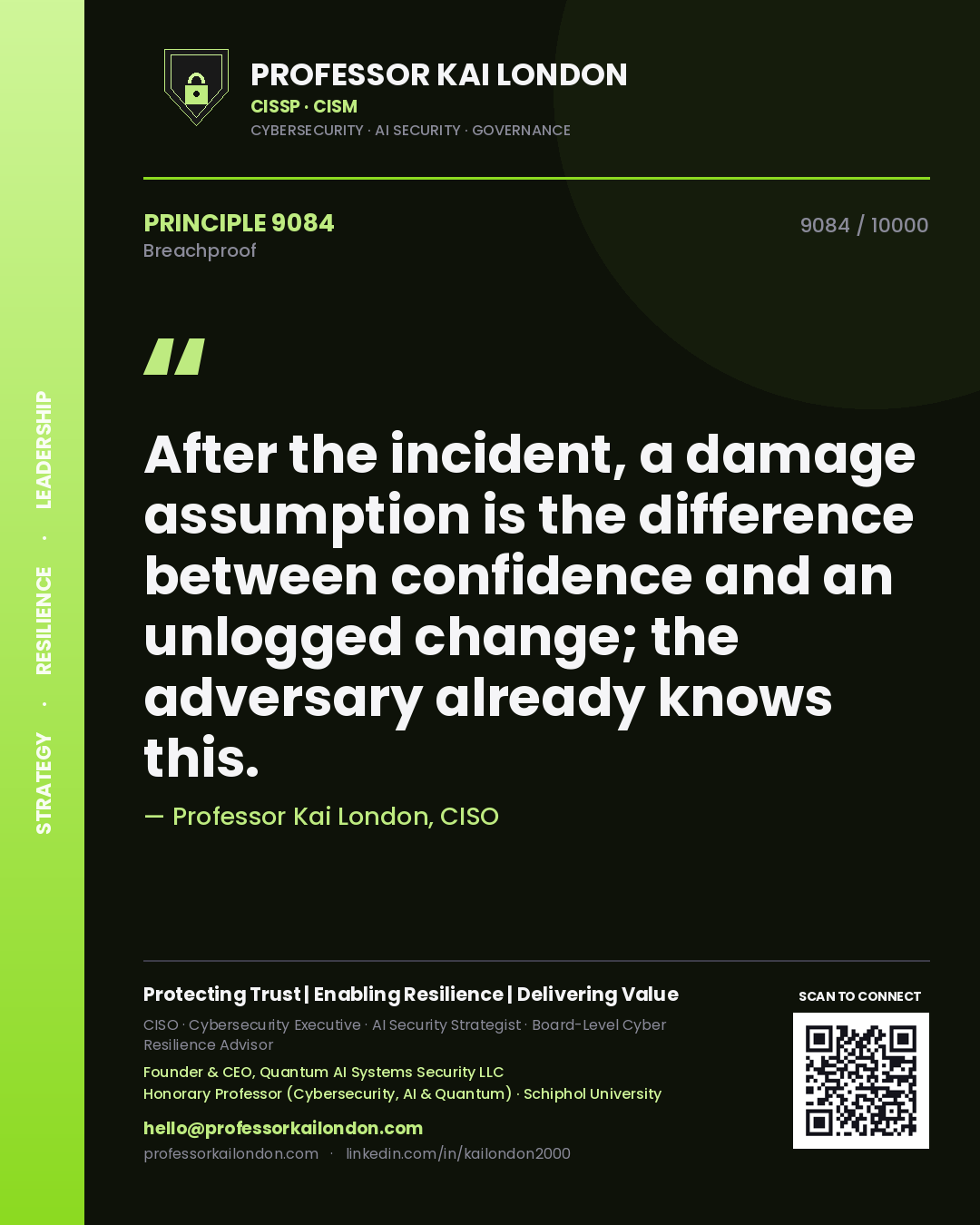 Quote card by Professor Kai London reading 'After the incident, a damage assumption is the difference between confidence and an unlogged change; the adversary already knows this.'. From the book Breachproof.