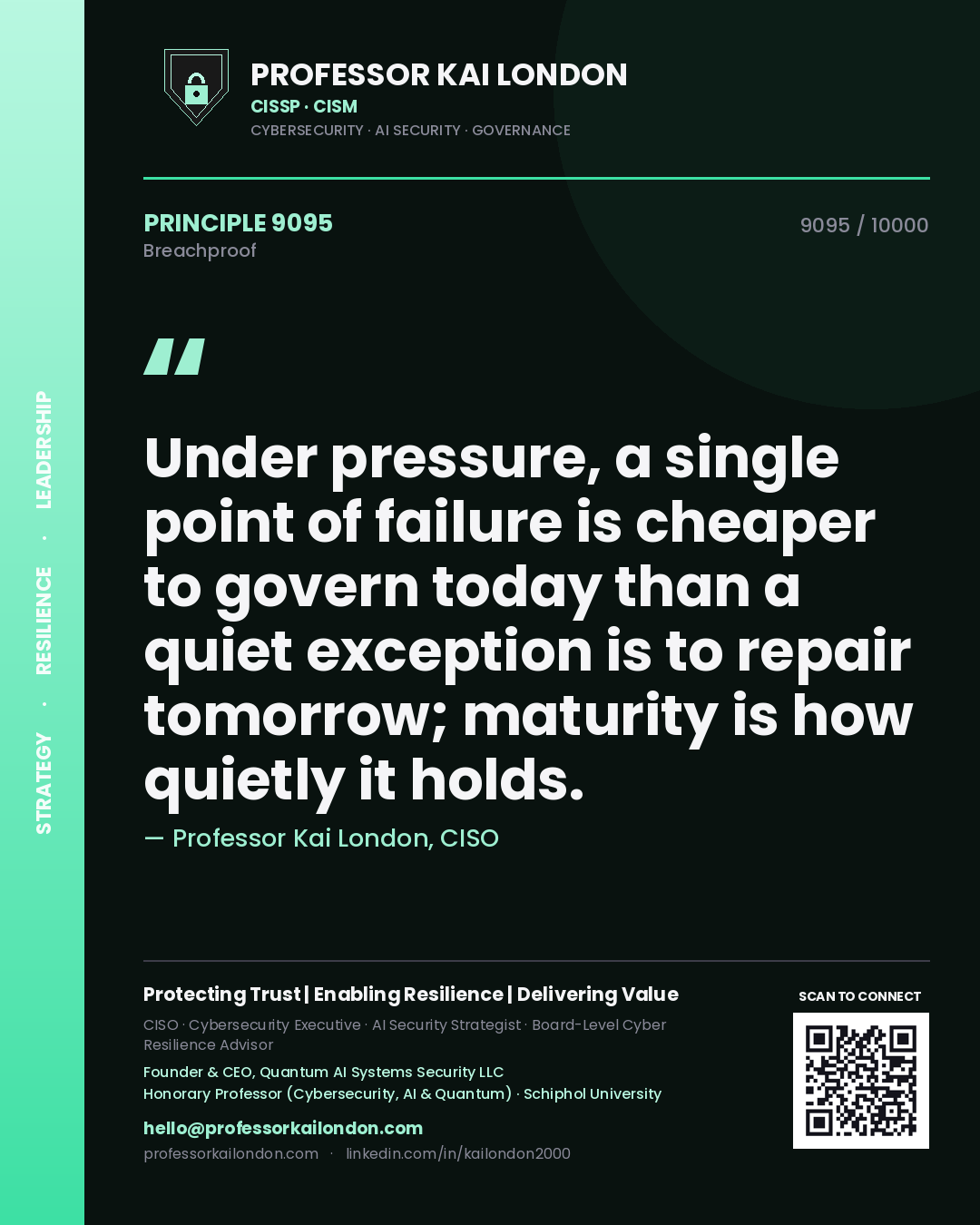 Quote card by Professor Kai London reading 'Under pressure, a single point of failure is cheaper to govern today than a quiet exception is to repair tomorrow; maturity is how quietly it holds.'. From the book Breachproof.