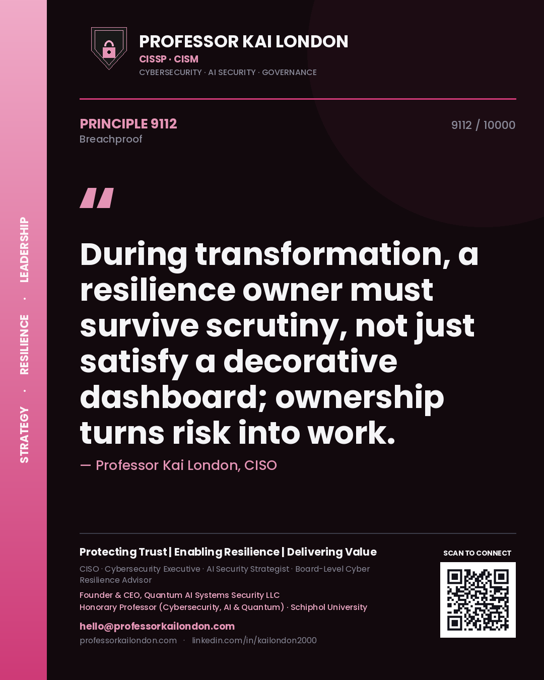 Quote card by Professor Kai London reading 'During transformation, a resilience owner must survive scrutiny, not just satisfy a decorative dashboard; ownership turns risk into work.'. From the book Breachproof.