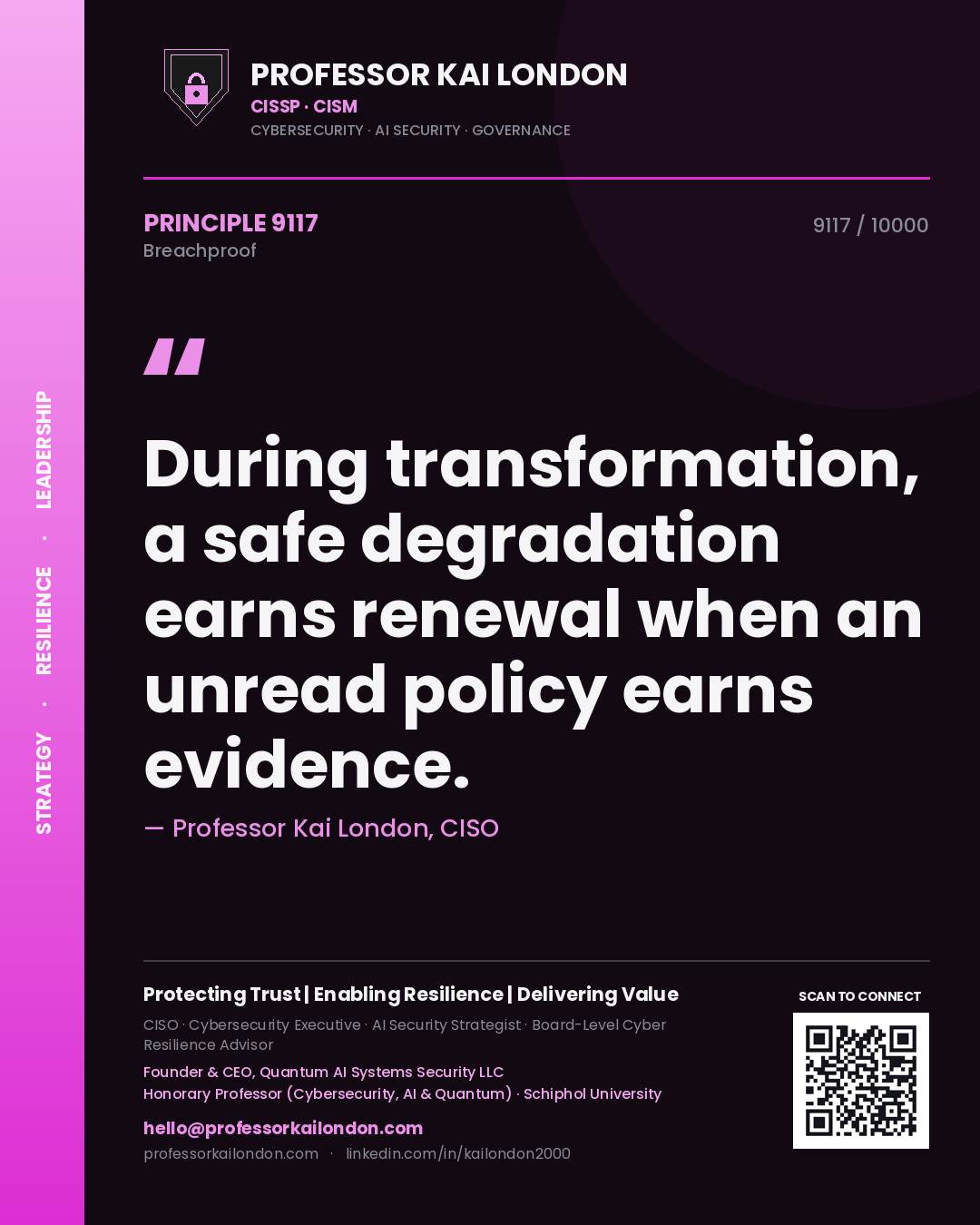 Professor Kai London principle 9117: During transformation, a safe degradation earns renewal when an unread policy earns evidence.
