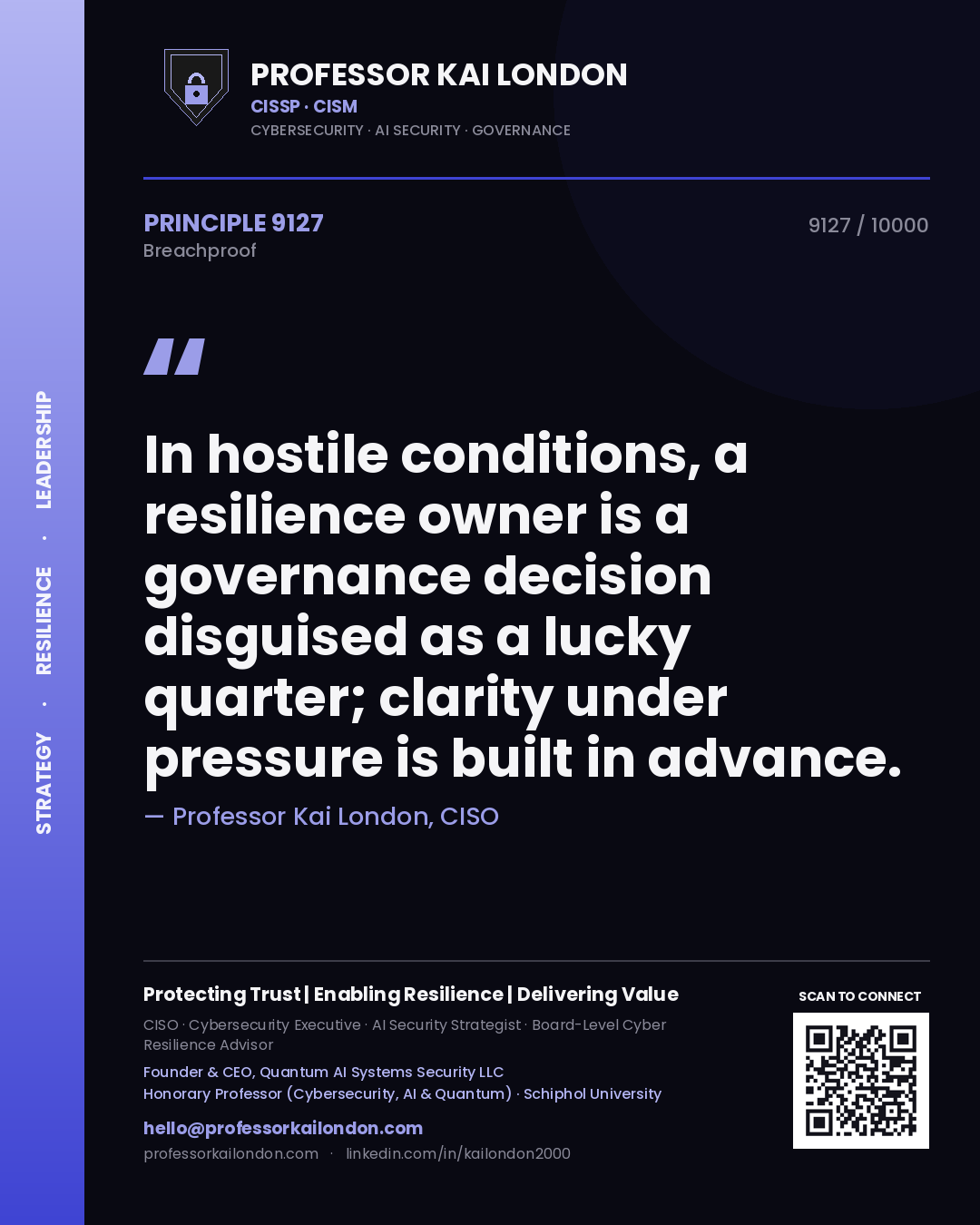 Professor Kai London principle 9127: In hostile conditions, a resilience owner is a governance decision disguised as a lucky quarter; clarity under pressure is built in advance.