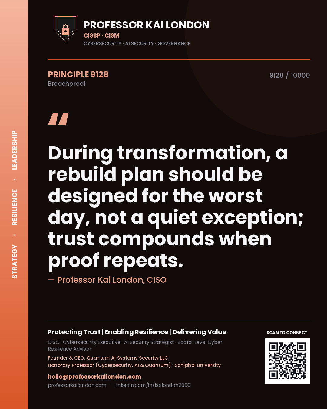 Quote card by Professor Kai London reading 'During transformation, a rebuild plan should be designed for the worst day, not a quiet exception; trust compounds when proof repeats.'. From the book Breachproof.