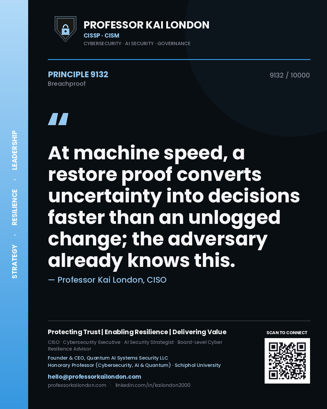 Quote card by Professor Kai London reading 'At machine speed, a restore proof converts uncertainty into decisions faster than an unlogged change; the adversary already knows this.'. From the book Breachproof.