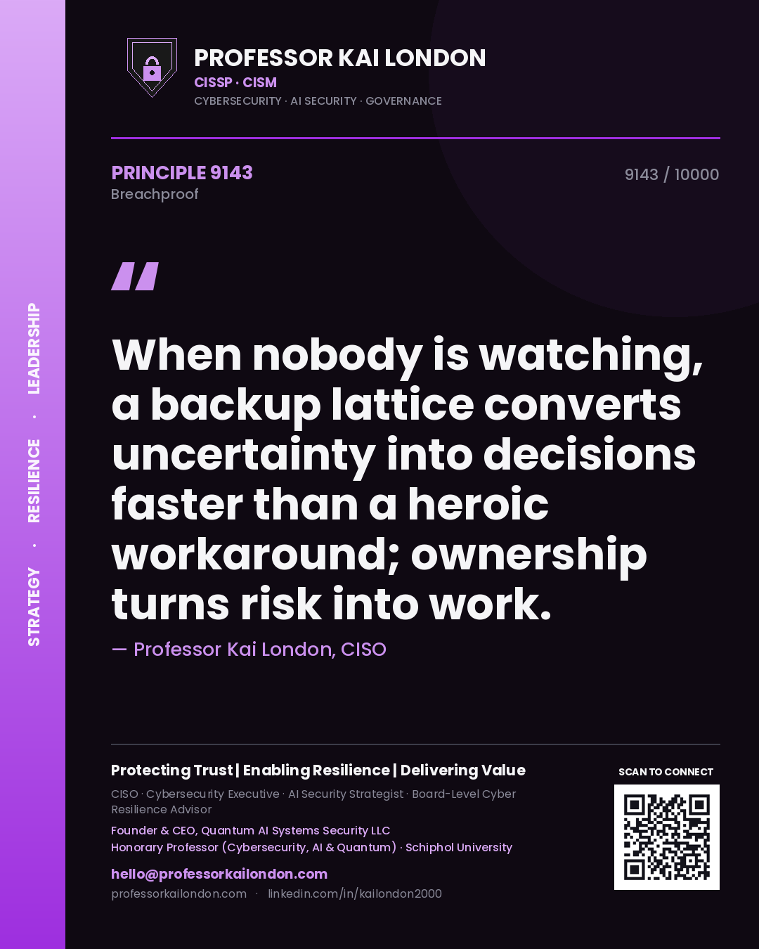 Professor Kai London principle 9143: When nobody is watching, a backup lattice converts uncertainty into decisions faster than a heroic workaround; ownership turns risk into work.