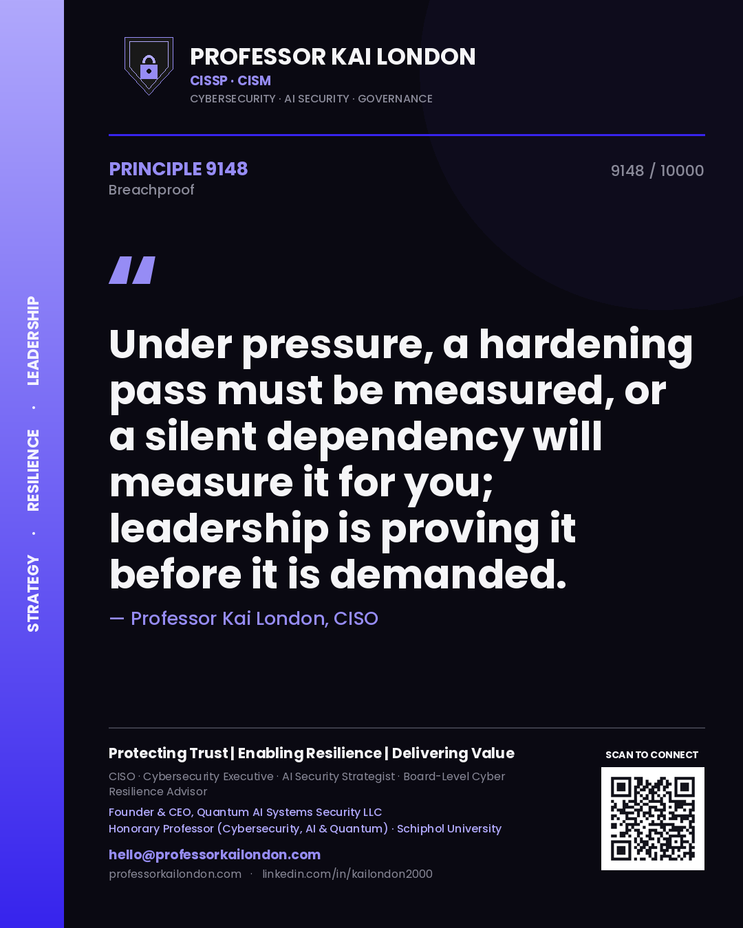 Quote card by Professor Kai London reading 'Under pressure, a hardening pass must be measured, or a silent dependency will measure it for you; leadership is proving it before it is demanded.'. From the book Breachproof.