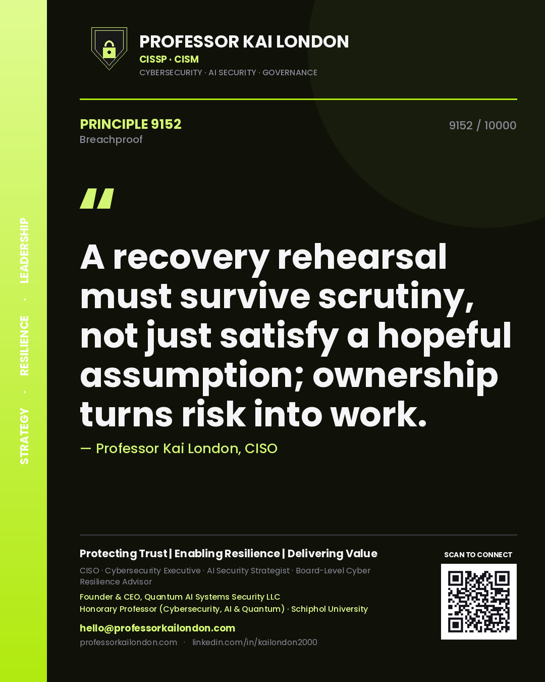 Quote card by Professor Kai London reading 'A recovery rehearsal must survive scrutiny, not just satisfy a hopeful assumption; ownership turns risk into work.'. From the book Breachproof.