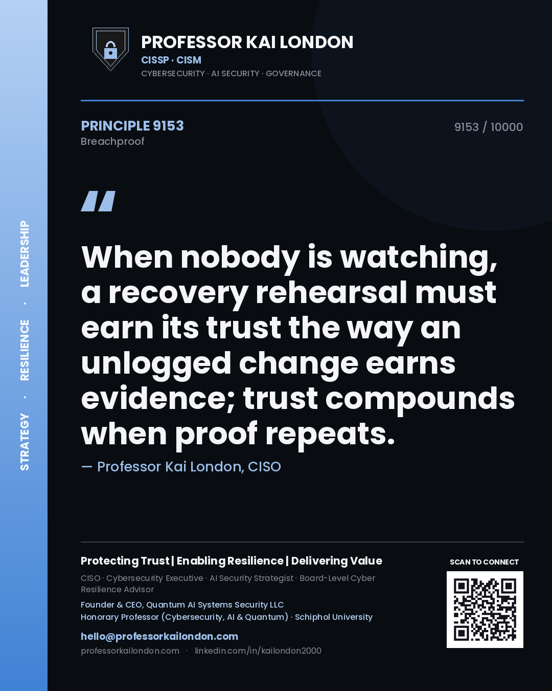 Professor Kai London principle 9153: When nobody is watching, a recovery rehearsal must earn its trust the way an unlogged change earns evidence; trust compounds when proof repeats.