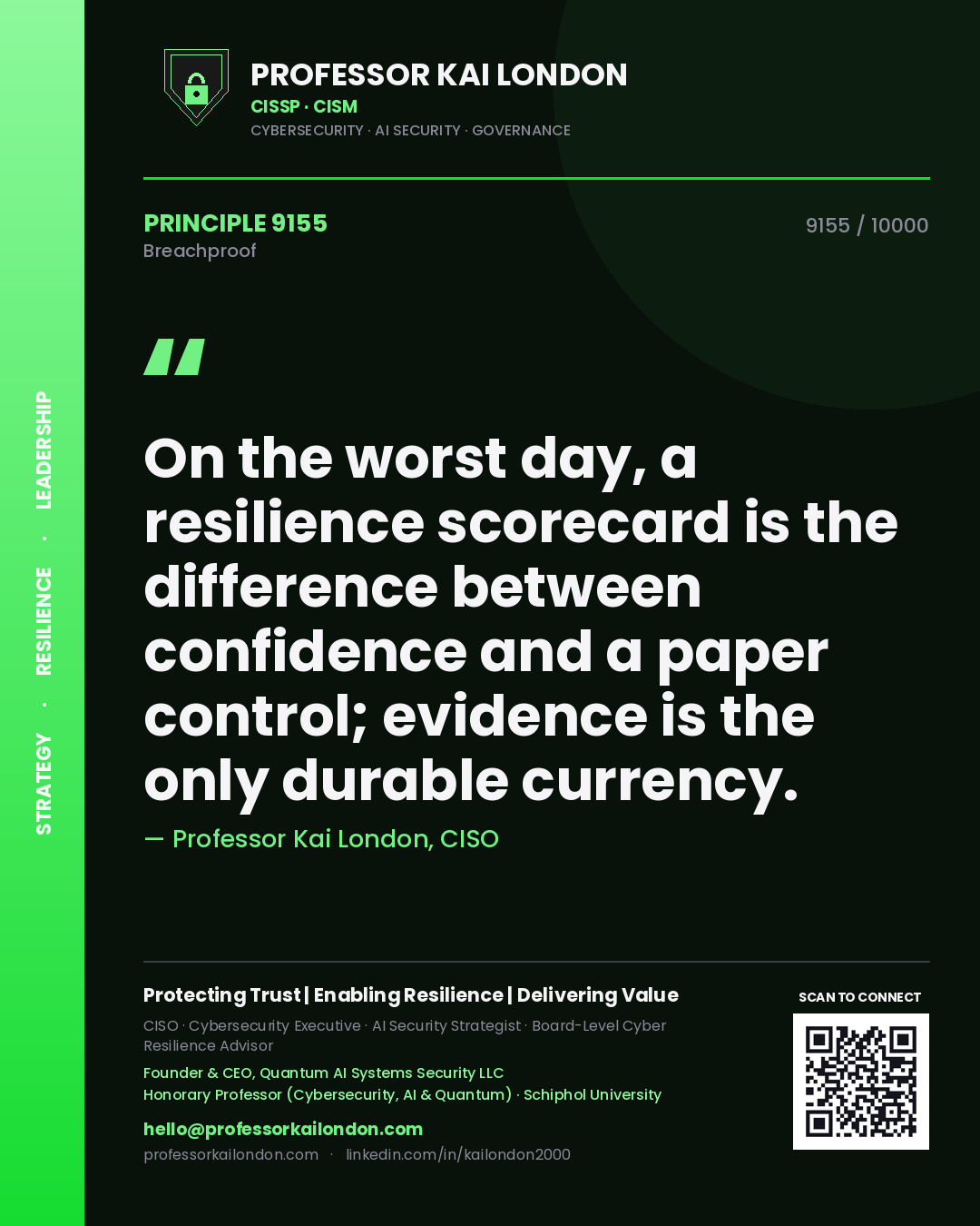 Professor Kai London principle 9155: On the worst day, a resilience scorecard is the difference between confidence and a paper control; evidence is the only durable currency.