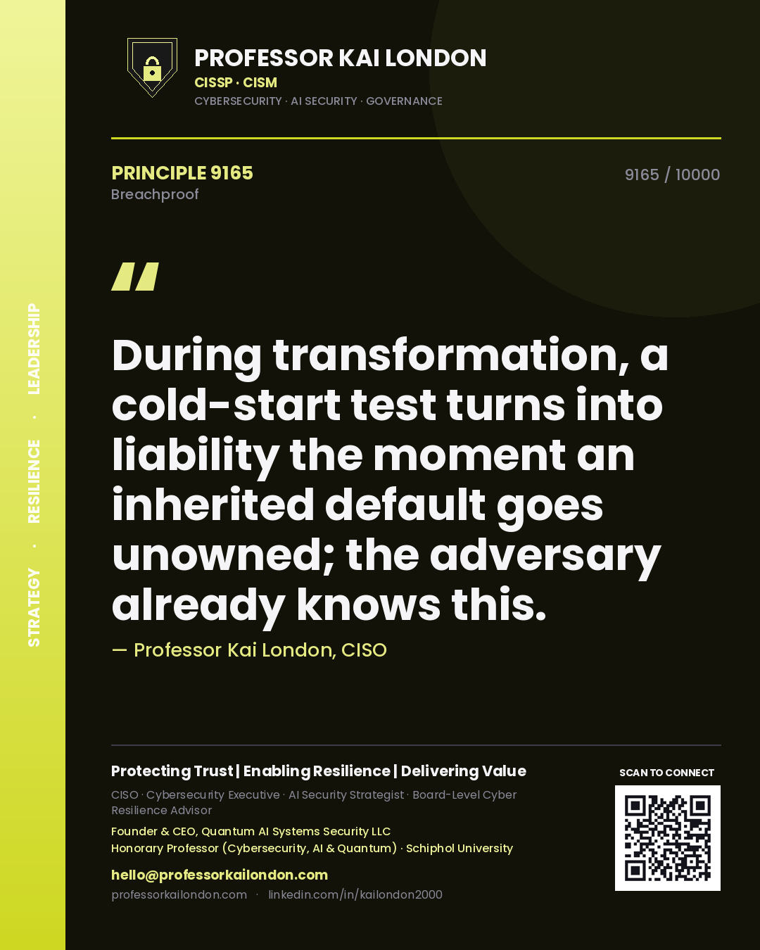Quote card by Professor Kai London reading 'During transformation, a cold-start test turns into liability the moment an inherited default goes unowned; the adversary already knows this.'. From the book Breachproof.