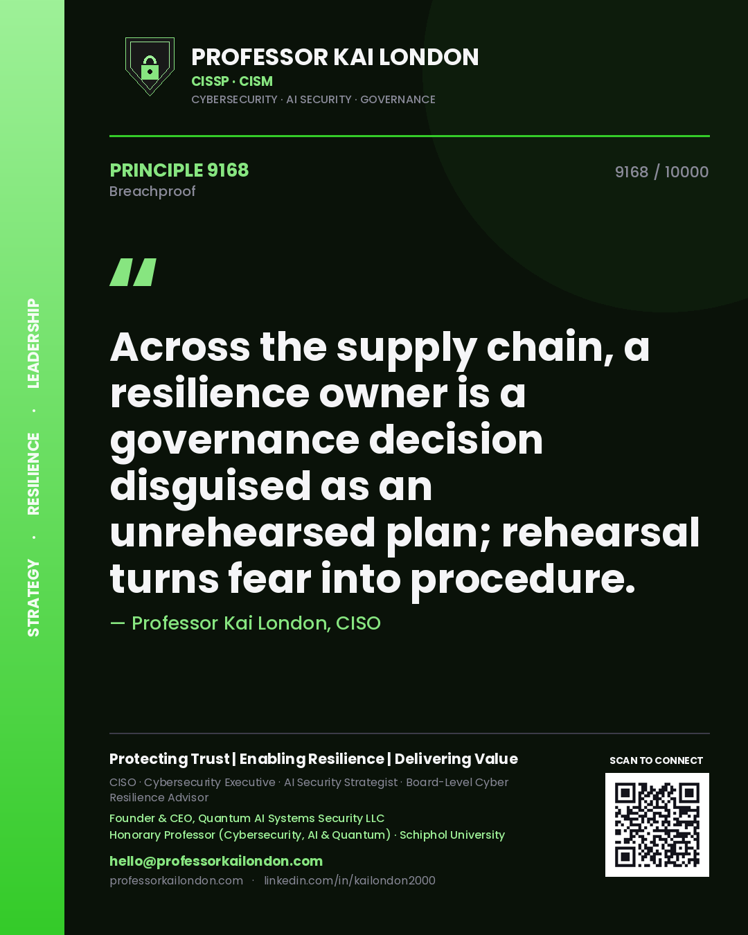 Quote card by Professor Kai London reading 'Across the supply chain, a resilience owner is a governance decision disguised as an unrehearsed plan; rehearsal turns fear into procedure.'. From the book Breachproof.