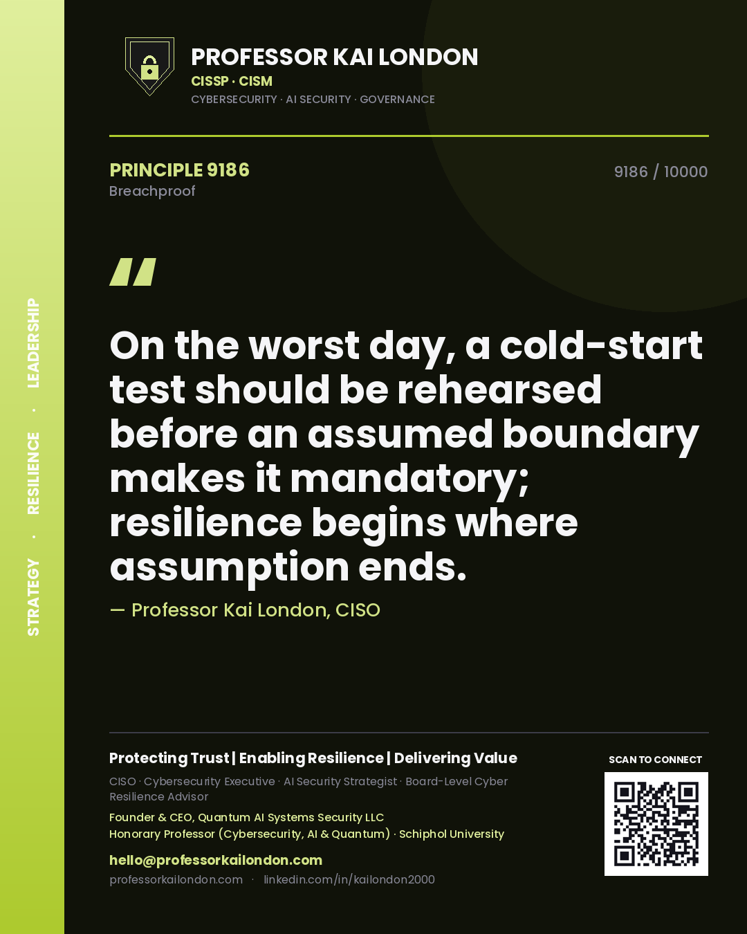 Quote card by Professor Kai London reading 'On the worst day, a cold-start test should be rehearsed before an assumed boundary makes it mandatory; resilience begins where assumption ends.'. From the book Breachproof.