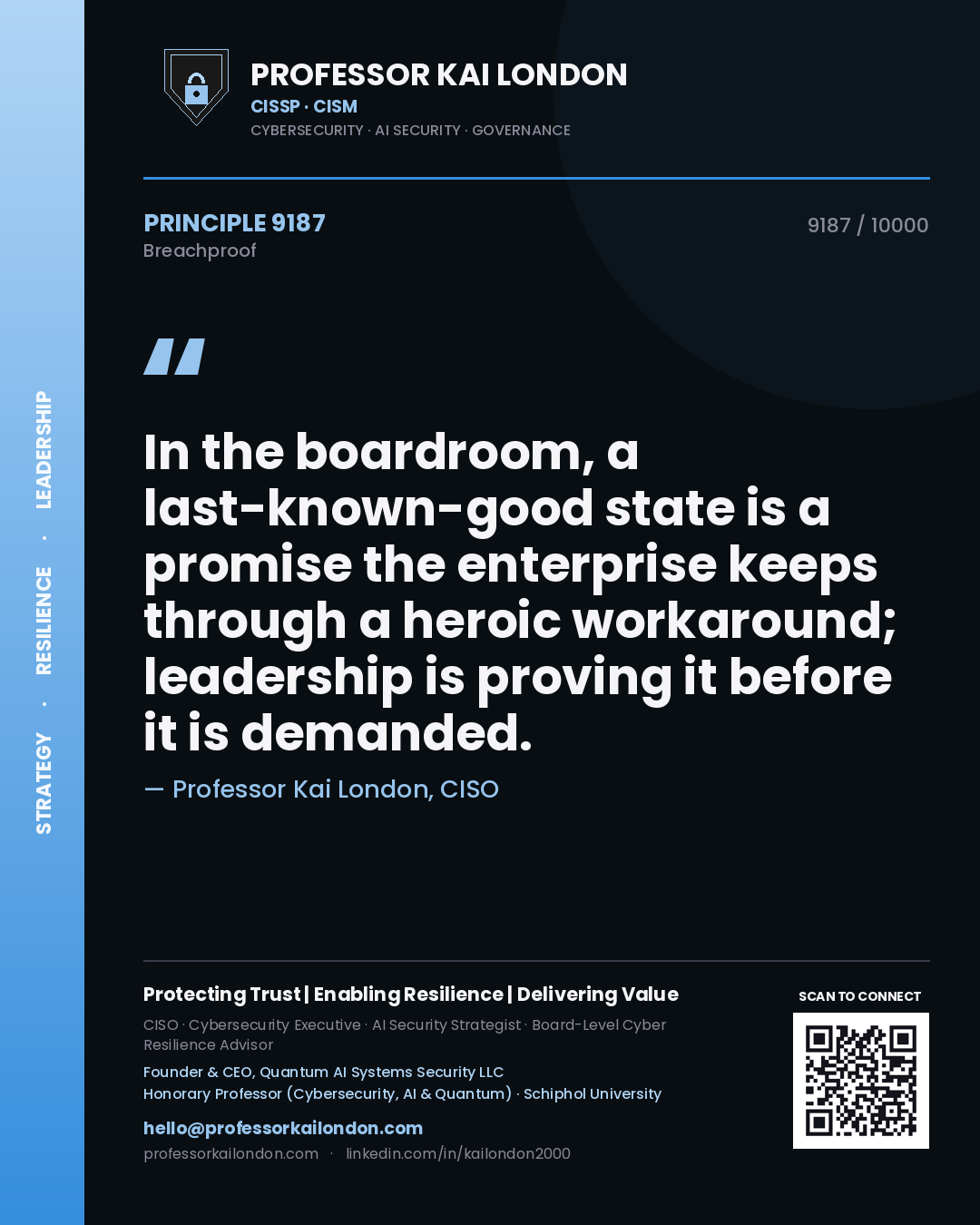 Professor Kai London principle 9187: In the boardroom, a last-known-good state is a promise the enterprise keeps through a heroic workaround; leadership is proving it before it is demanded.