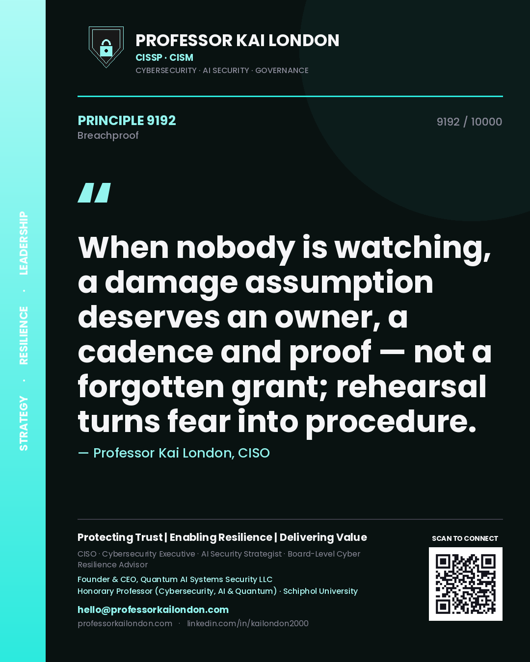 Quote card by Professor Kai London reading 'When nobody is watching, a damage assumption deserves an owner, a cadence and proof — not a forgotten grant; rehearsal turns fear into procedure.'. From the book Breachproof.